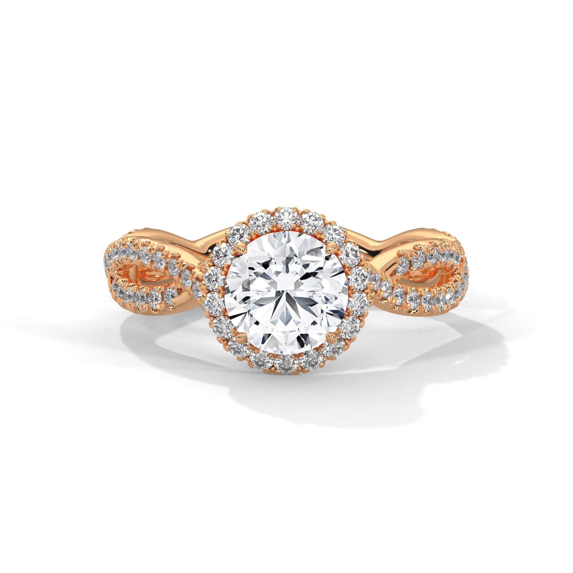1–3 Carat Round Lab-Grown Diamond Solitaire Engagement Ring – Halo Diamonds, Twist Design with Pave Band – 18K Gold