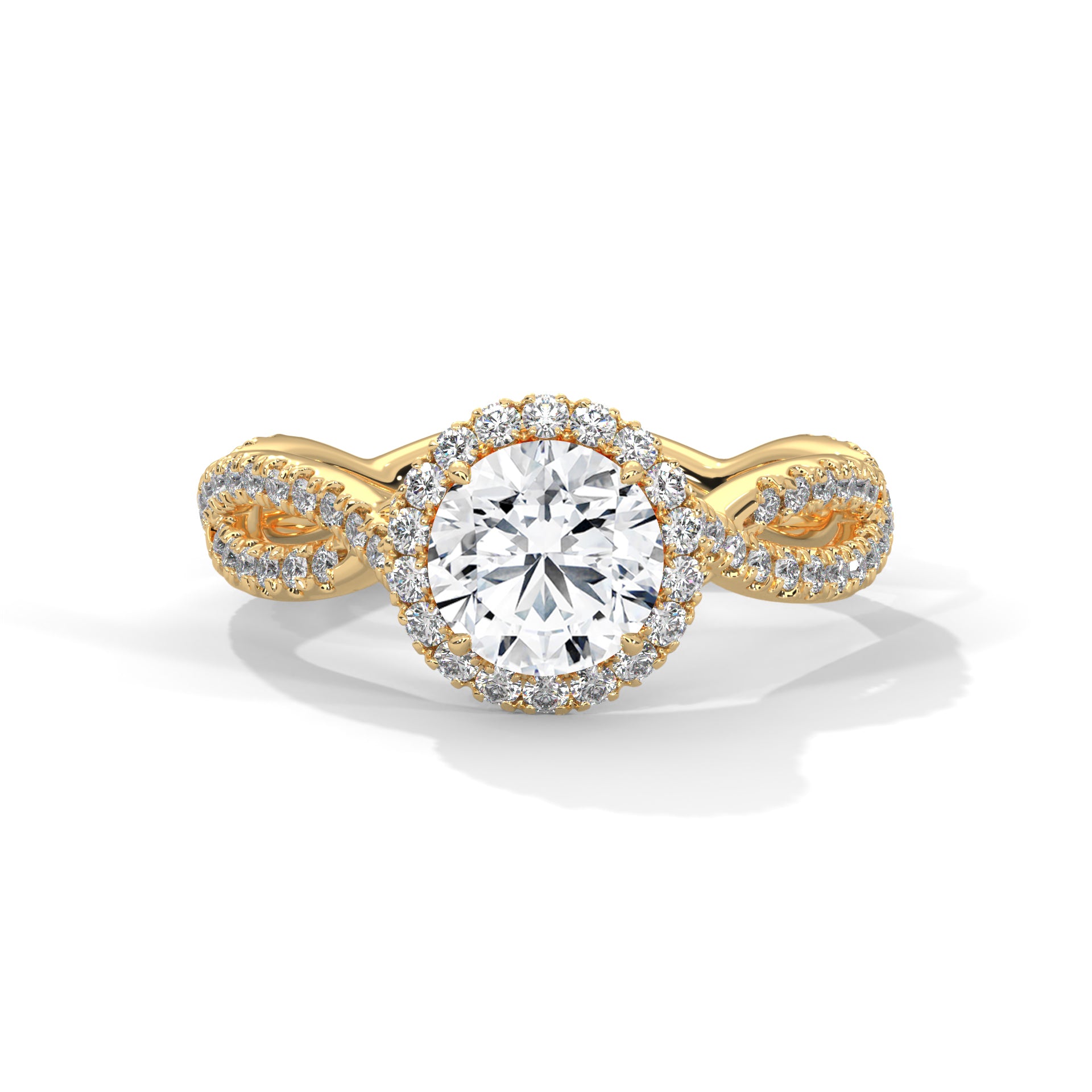1–3 Carat Round Lab-Grown Diamond Solitaire Engagement Ring – Halo Diamonds, Twist Design with Pave Band – 18K Gold