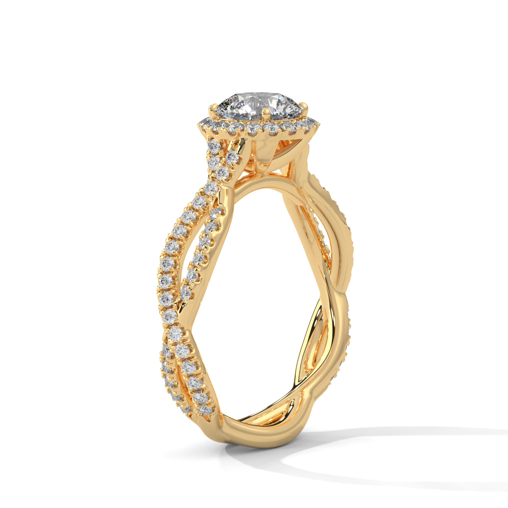 1–3 Carat Round Lab-Grown Diamond Solitaire Engagement Ring – Halo Diamonds, Twist Design with Pave Band – 18K Gold