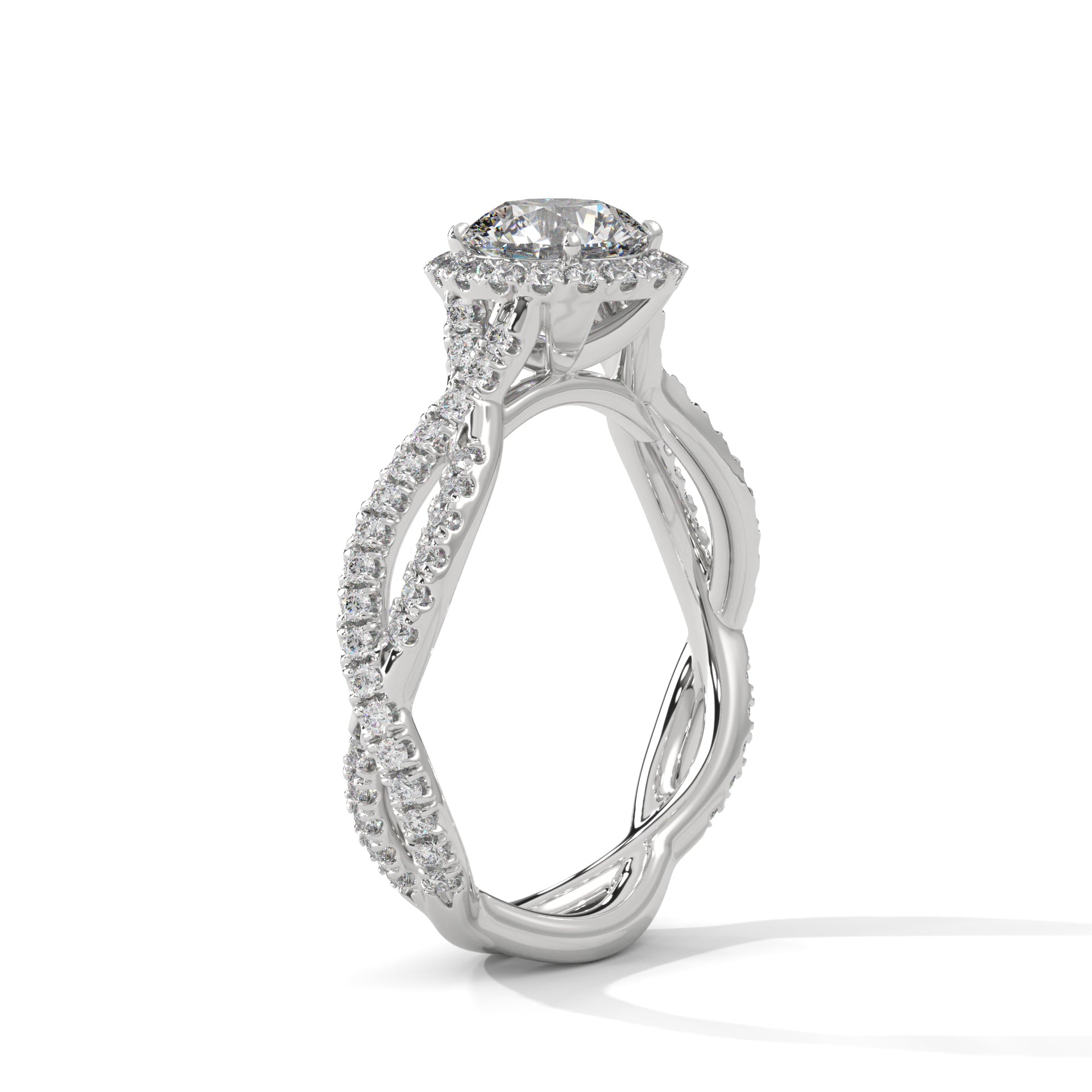 1–3 Carat Round Lab-Grown Diamond Solitaire Engagement Ring – Halo Diamonds, Twist Design with Pave Band – 18K Gold