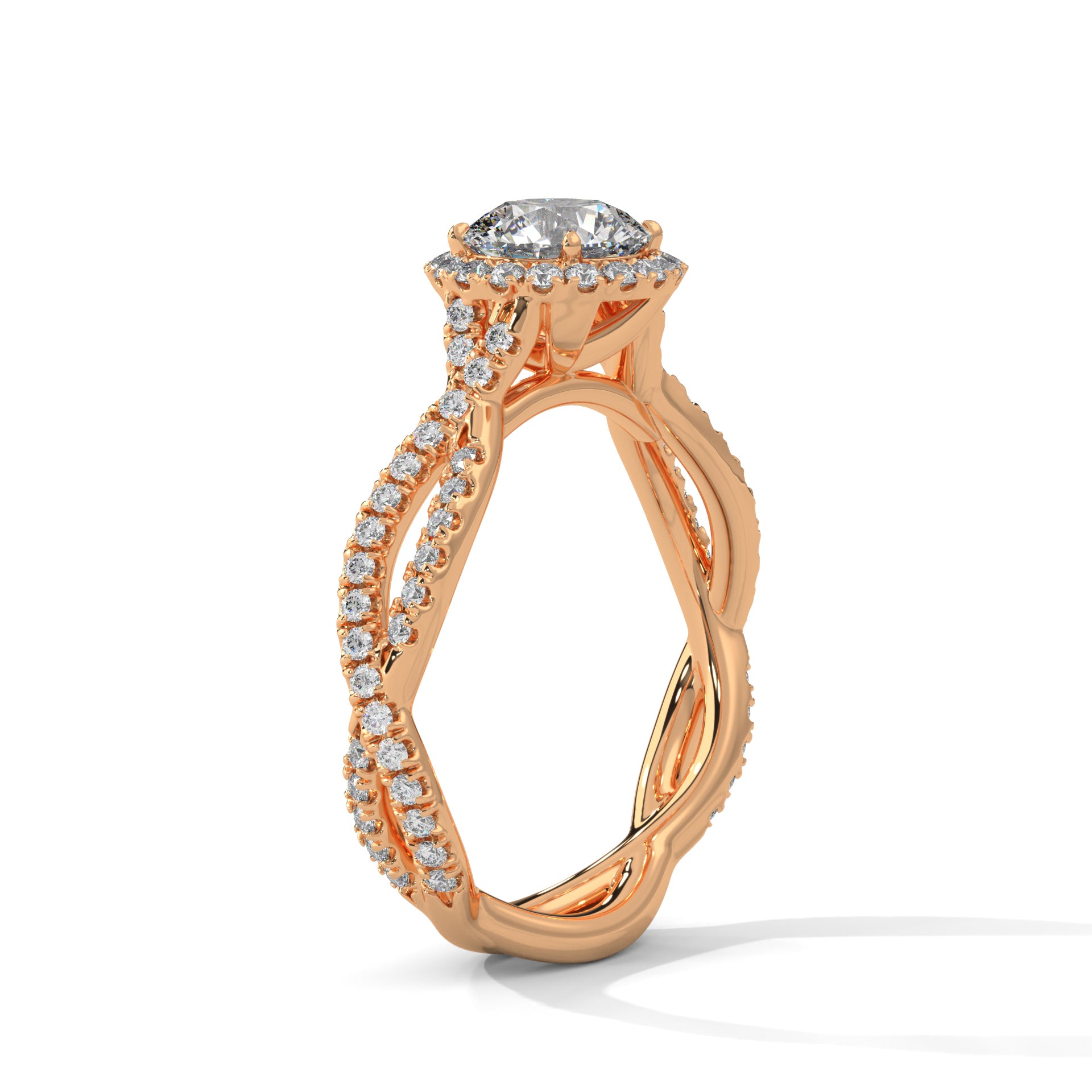 1–3 Carat Round Lab-Grown Diamond Solitaire Engagement Ring – Halo Diamonds, Twist Design with Pave Band – 18K Gold