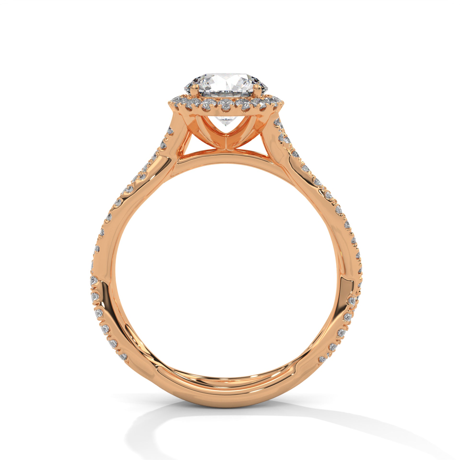 1–3 Carat Round Lab-Grown Diamond Solitaire Engagement Ring – Halo Diamonds, Twist Design with Pave Band – 18K Gold