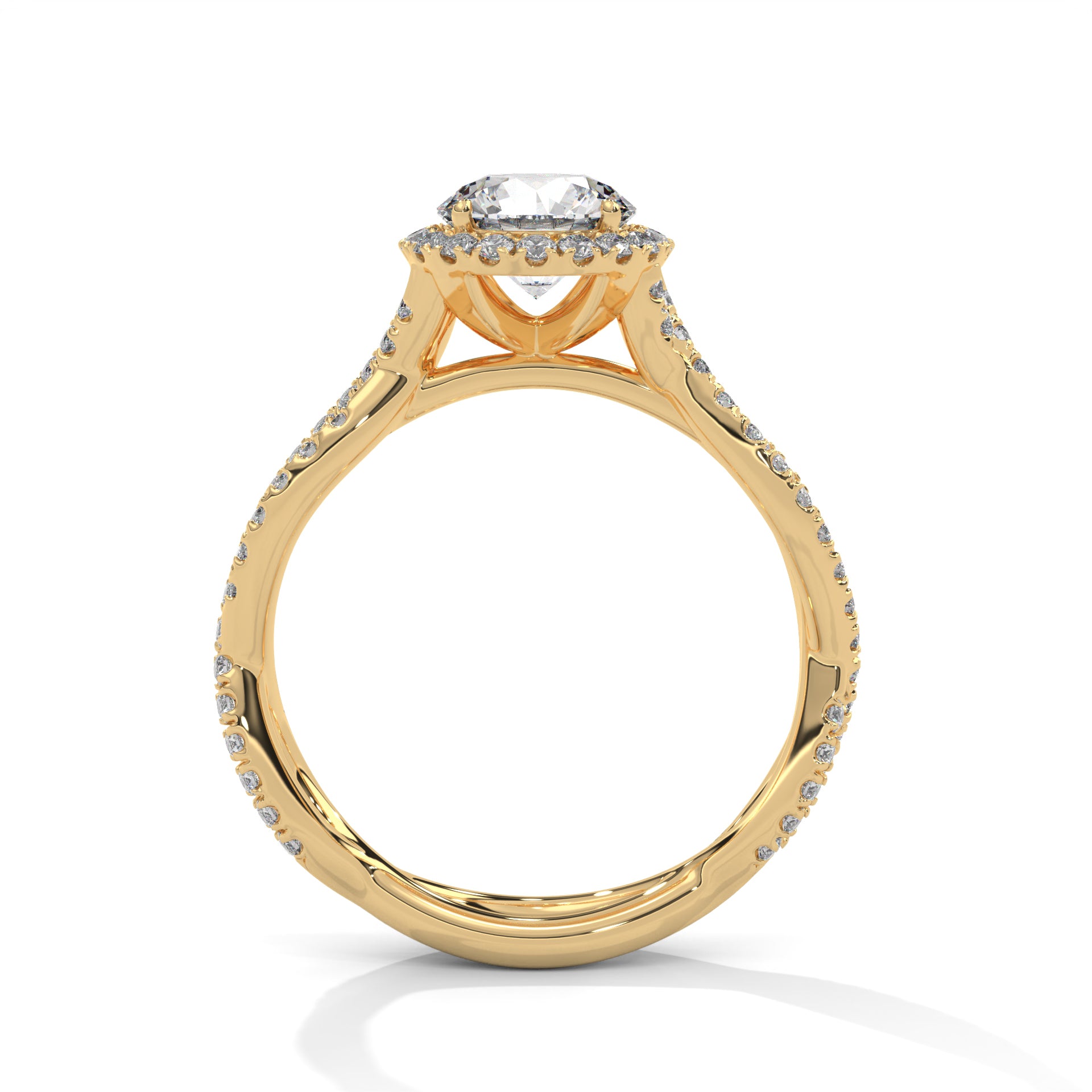 1–3 Carat Round Lab-Grown Diamond Solitaire Engagement Ring – Halo Diamonds, Twist Design with Pave Band – 18K Gold