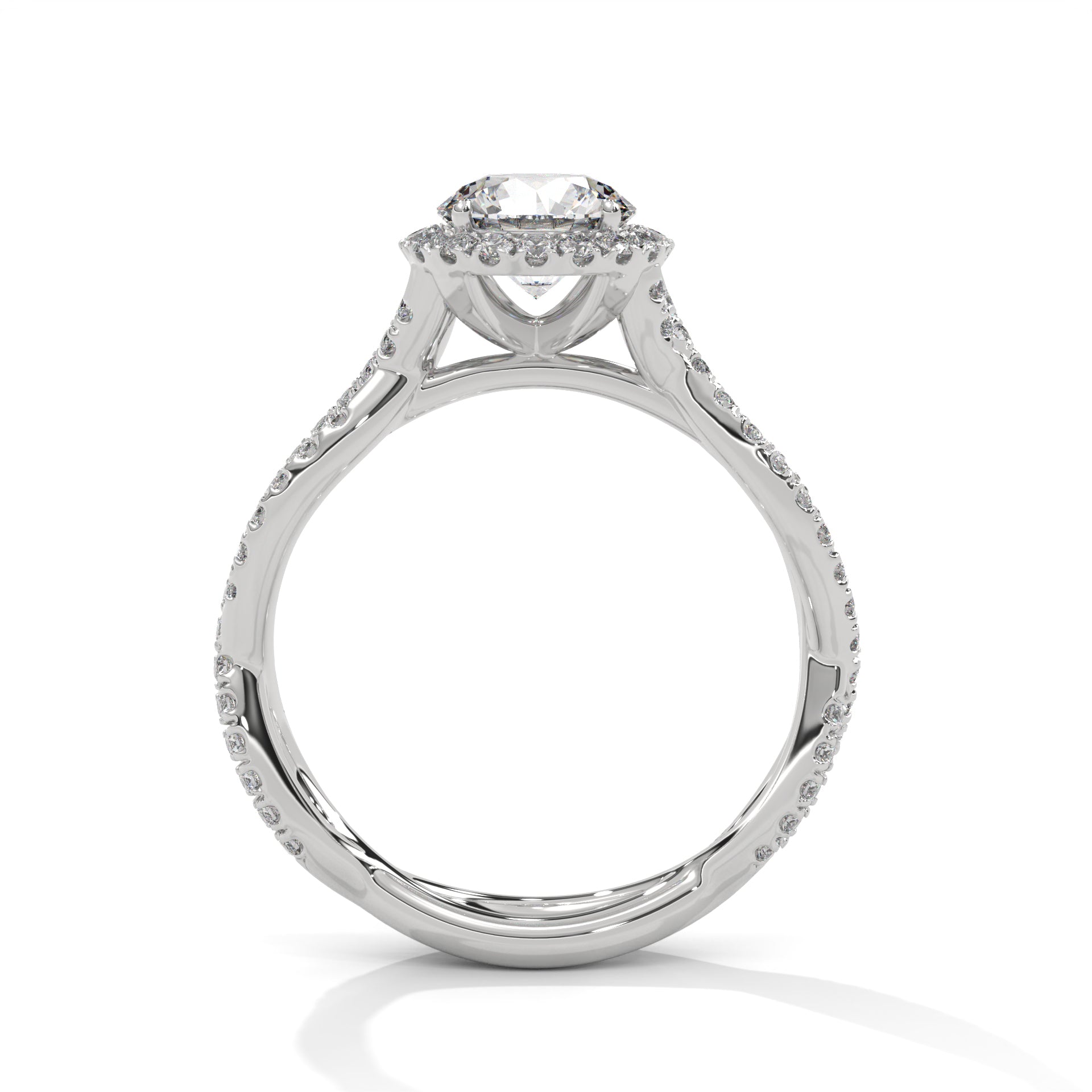 1–3 Carat Round Lab-Grown Diamond Solitaire Engagement Ring – Halo Diamonds, Twist Design with Pave Band – 18K Gold