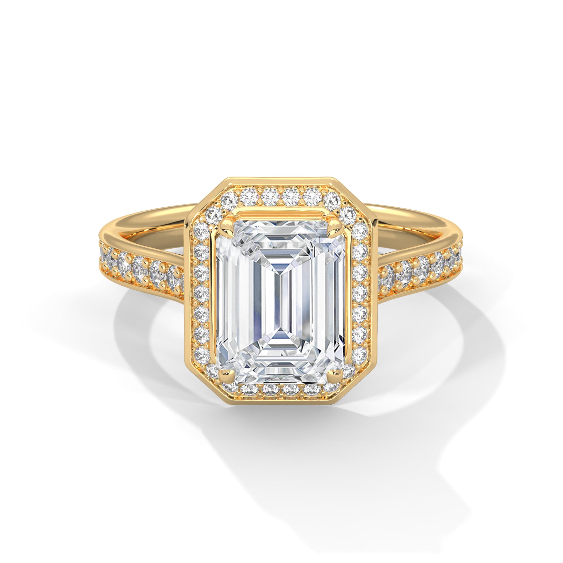 1–3 Carat Emerald Lab-Grown Diamond Solitaire Halo Ring – Pave Band, 18K Gold