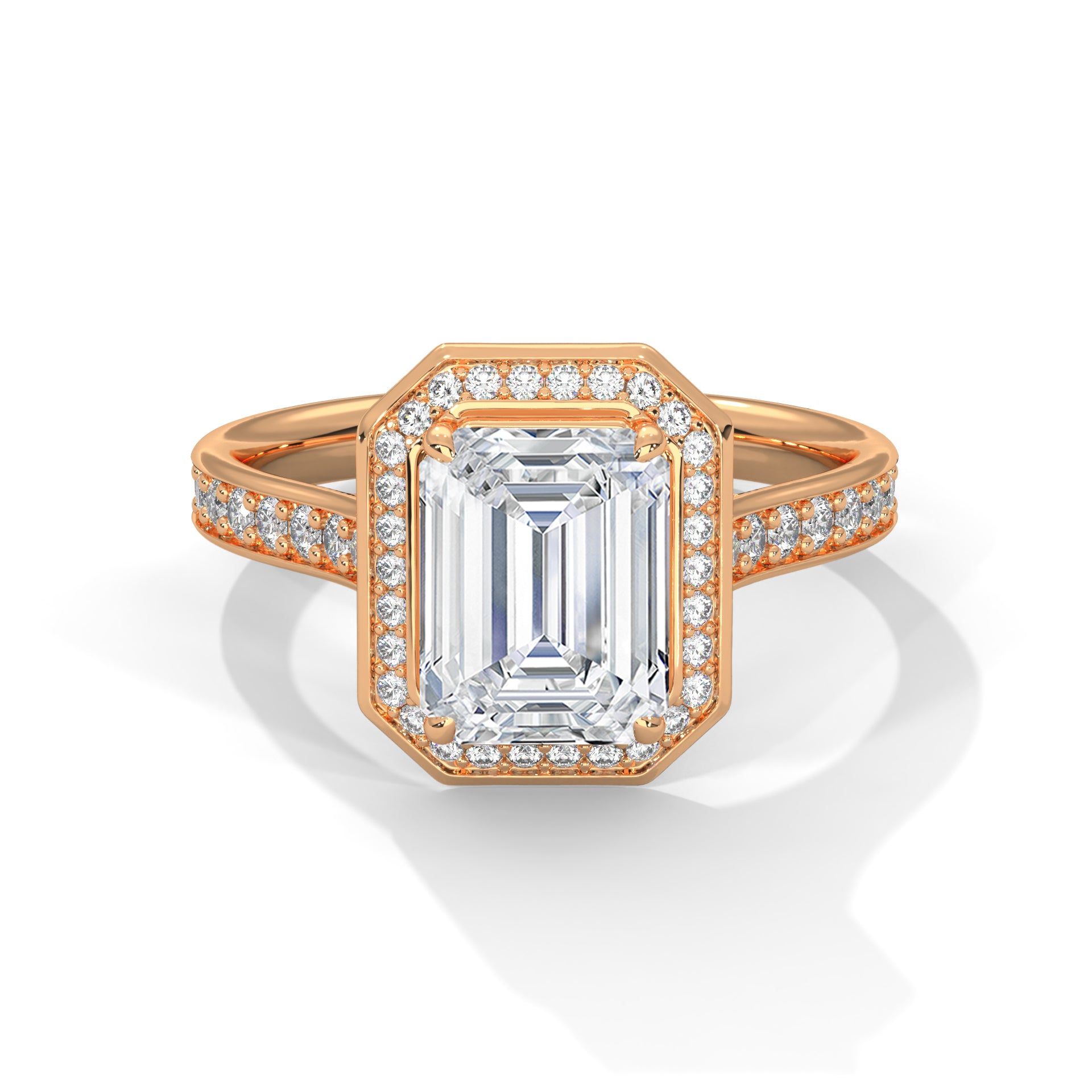 1–3 Carat Emerald Lab-Grown Diamond Solitaire Halo Ring – Pave Band, 18K Gold