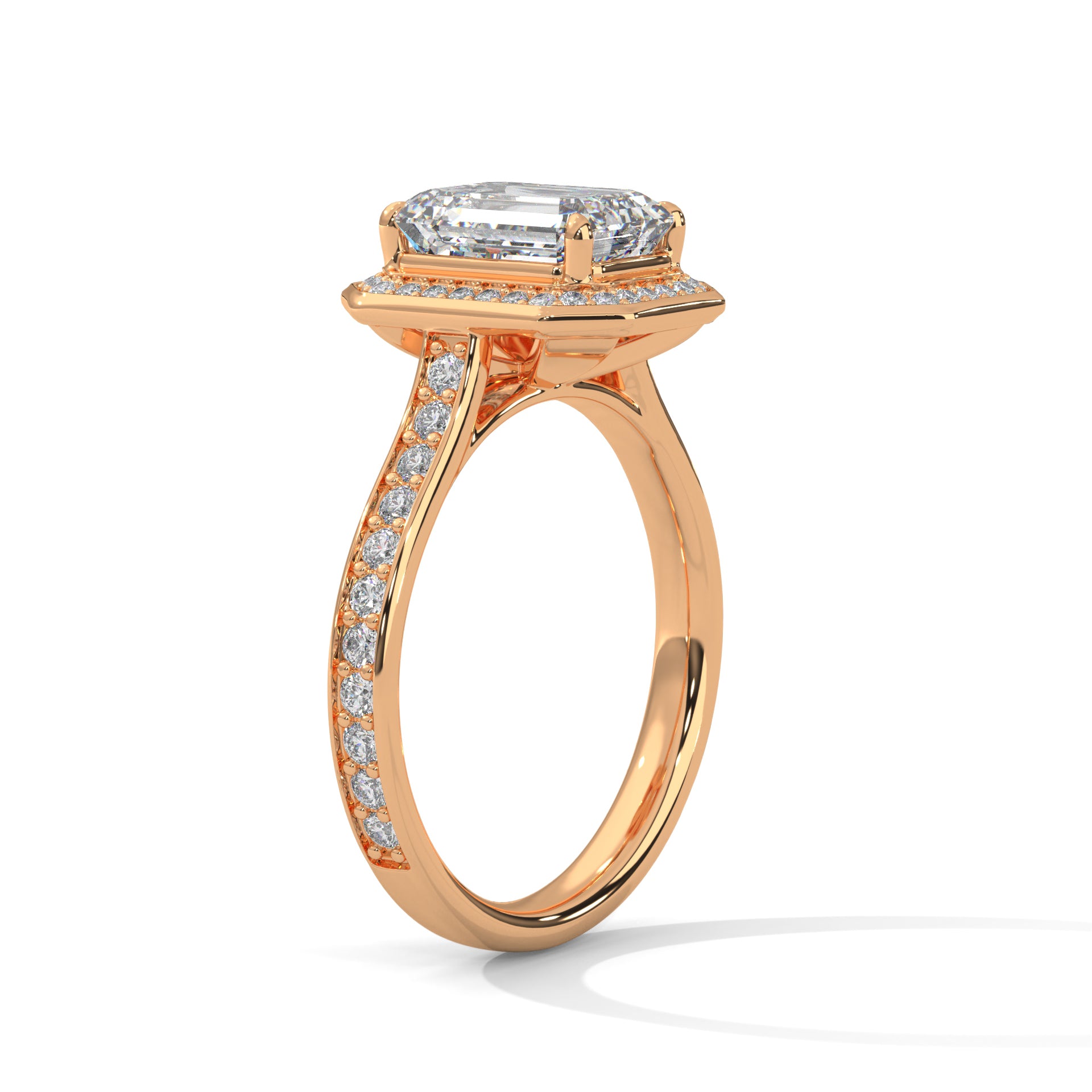 1–3 Carat Emerald Lab-Grown Diamond Solitaire Halo Ring – Pave Band, 18K Gold