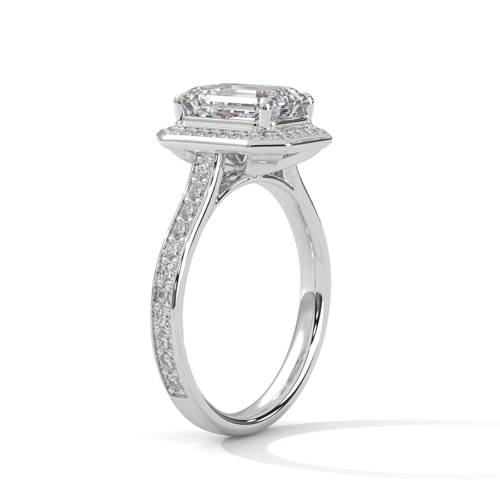 1–3 Carat Emerald Lab-Grown Diamond Solitaire Halo Ring – Pave Band, 18K Gold