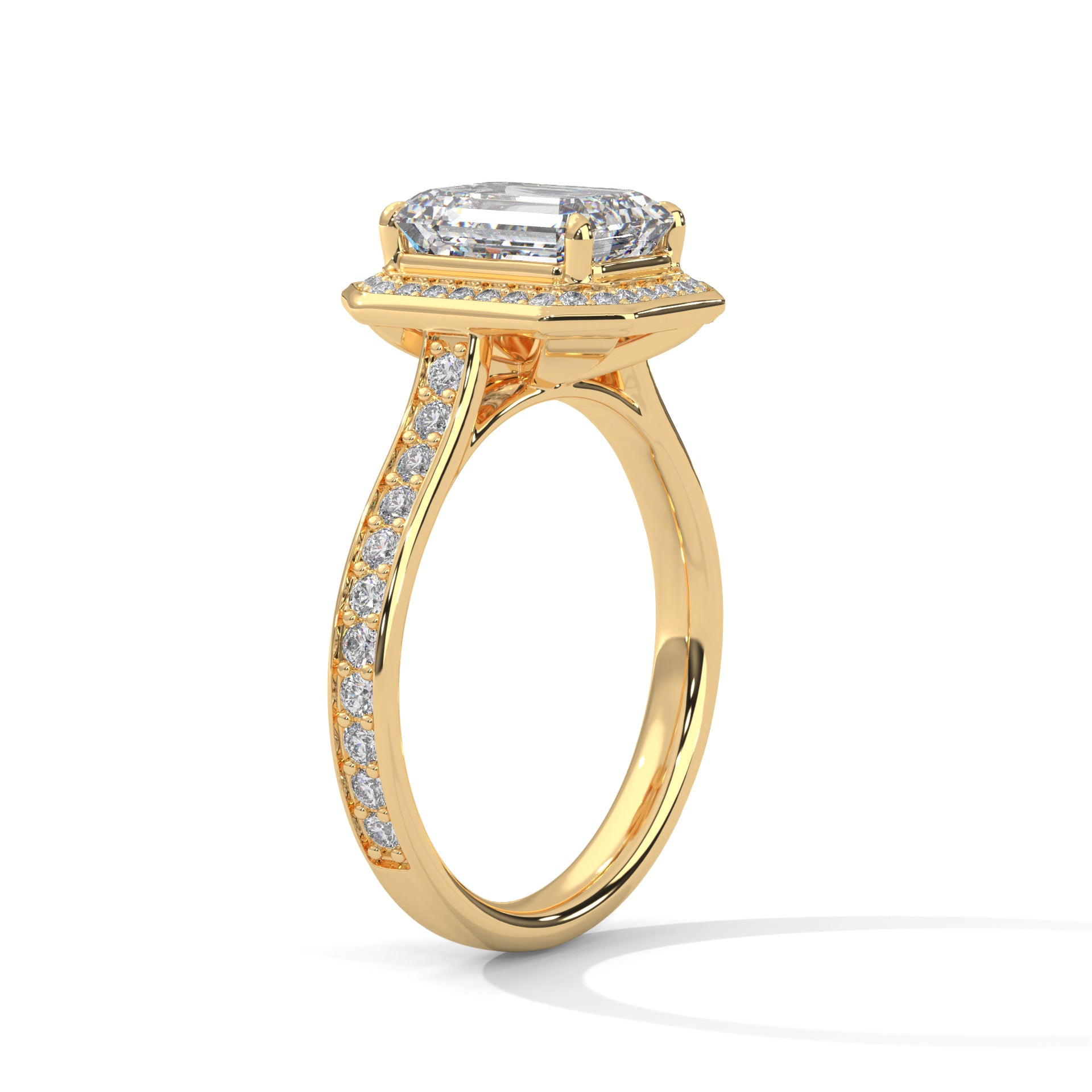 1–3 Carat Emerald Lab-Grown Diamond Solitaire Halo Ring – Pave Band, 18K Gold