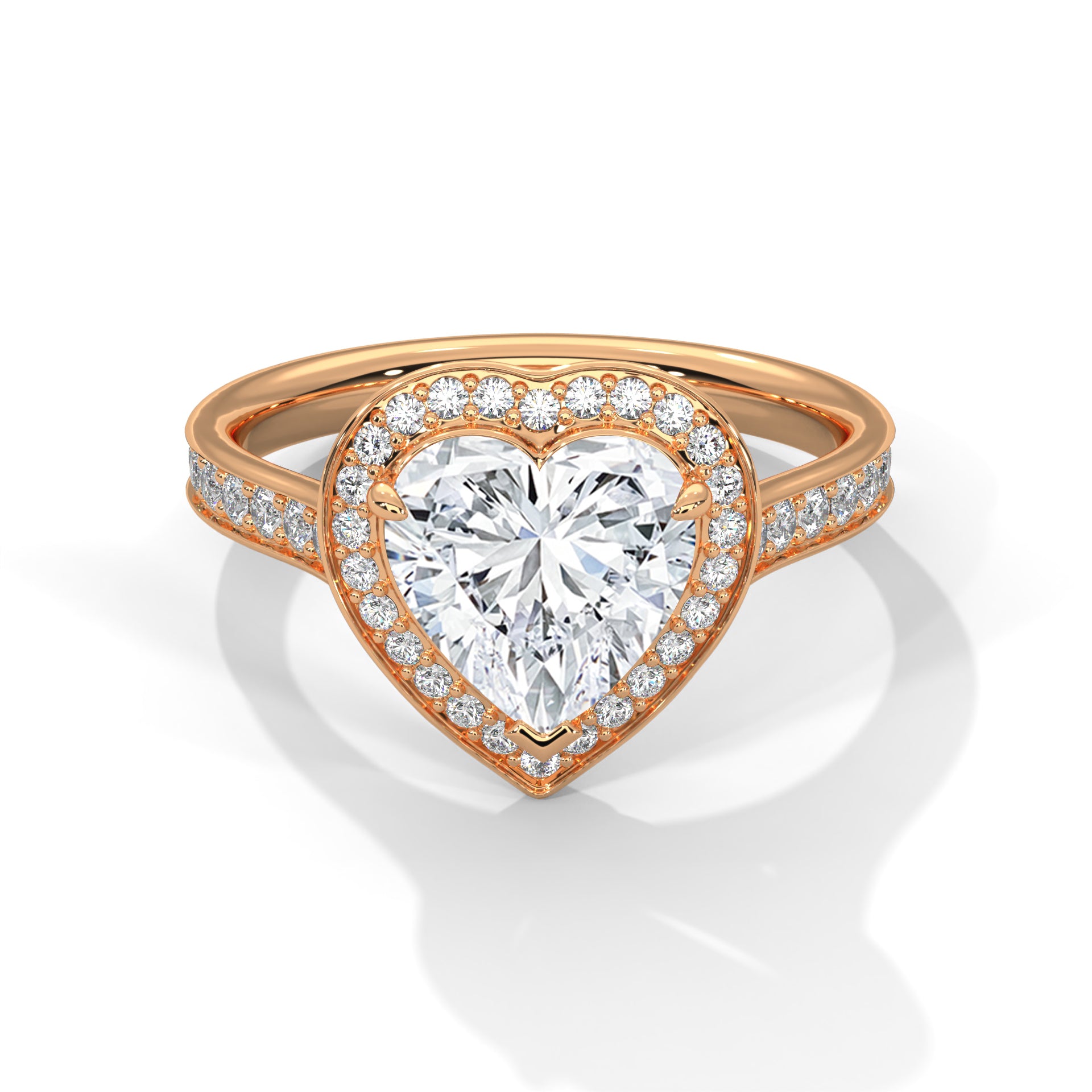 1–3 Carat Heart Lab-Grown Diamond Solitaire Engagement Ring with Halo – Pave Band – 18K Gold