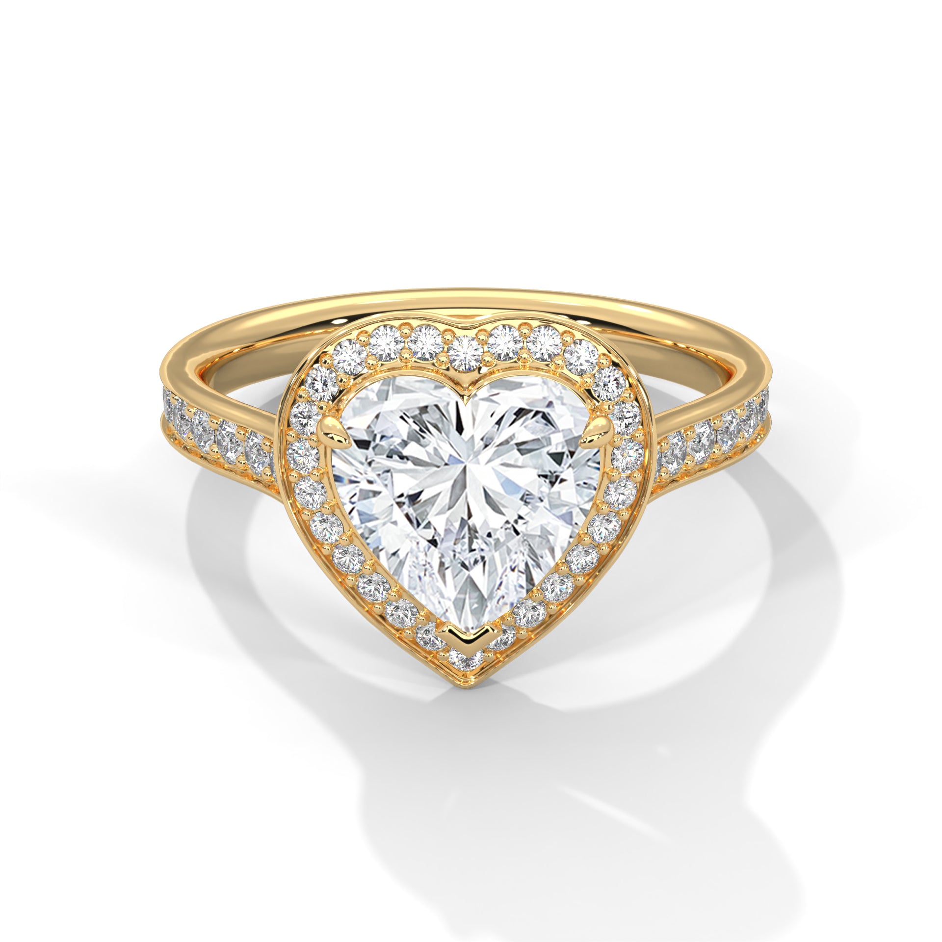 1–3 Carat Heart Lab-Grown Diamond Solitaire Engagement Ring with Halo – Pave Band – 18K Gold