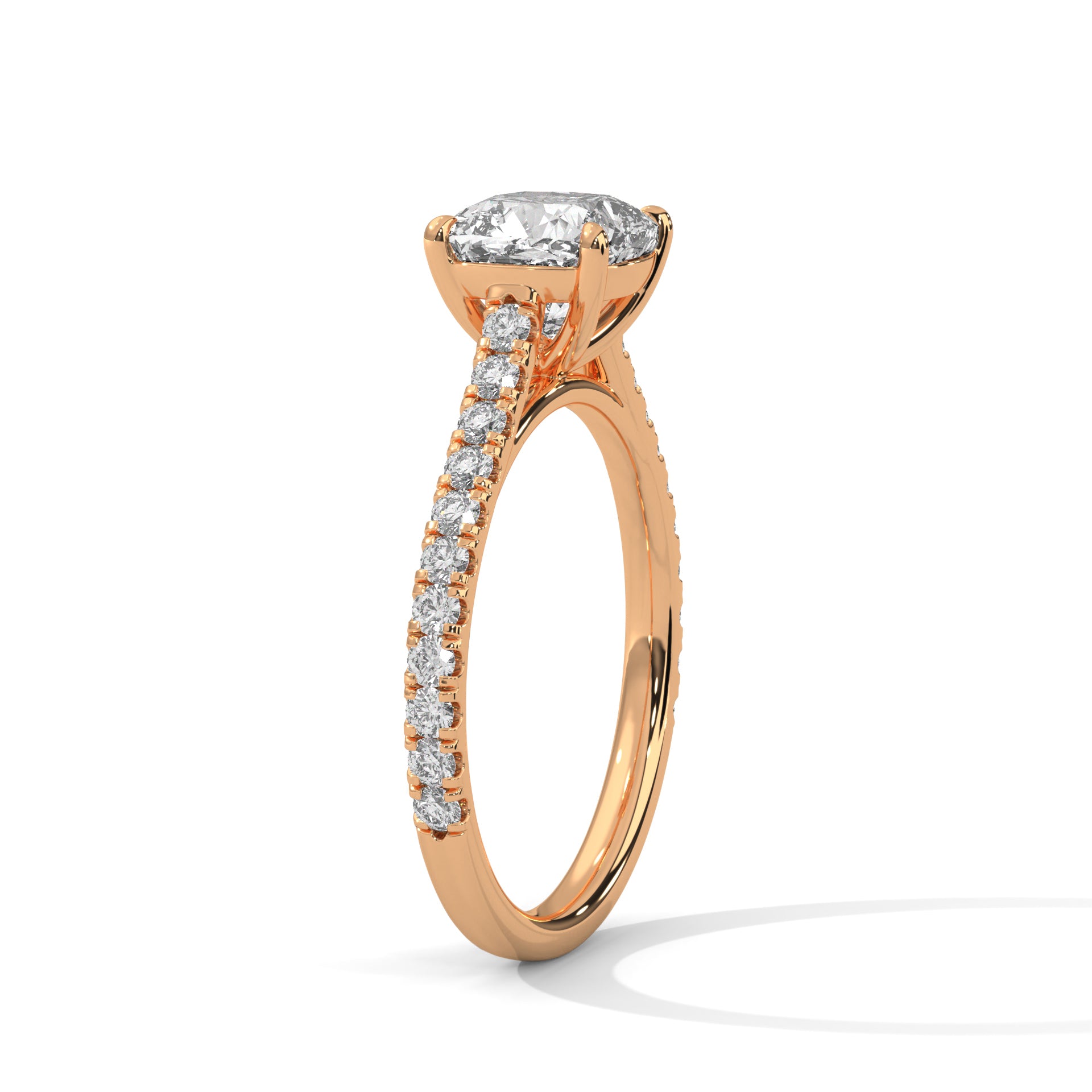 1–3 Carat Cushion Lab-Grown Diamond Solitaire Engagement Ring with Pave Band – 18K Gold