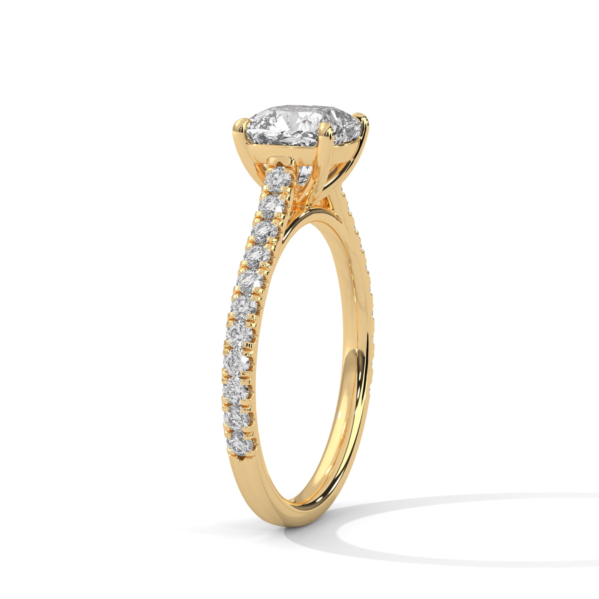 1–3 Carat Cushion Lab-Grown Diamond Solitaire Engagement Ring with Pave Band – 18K Gold
