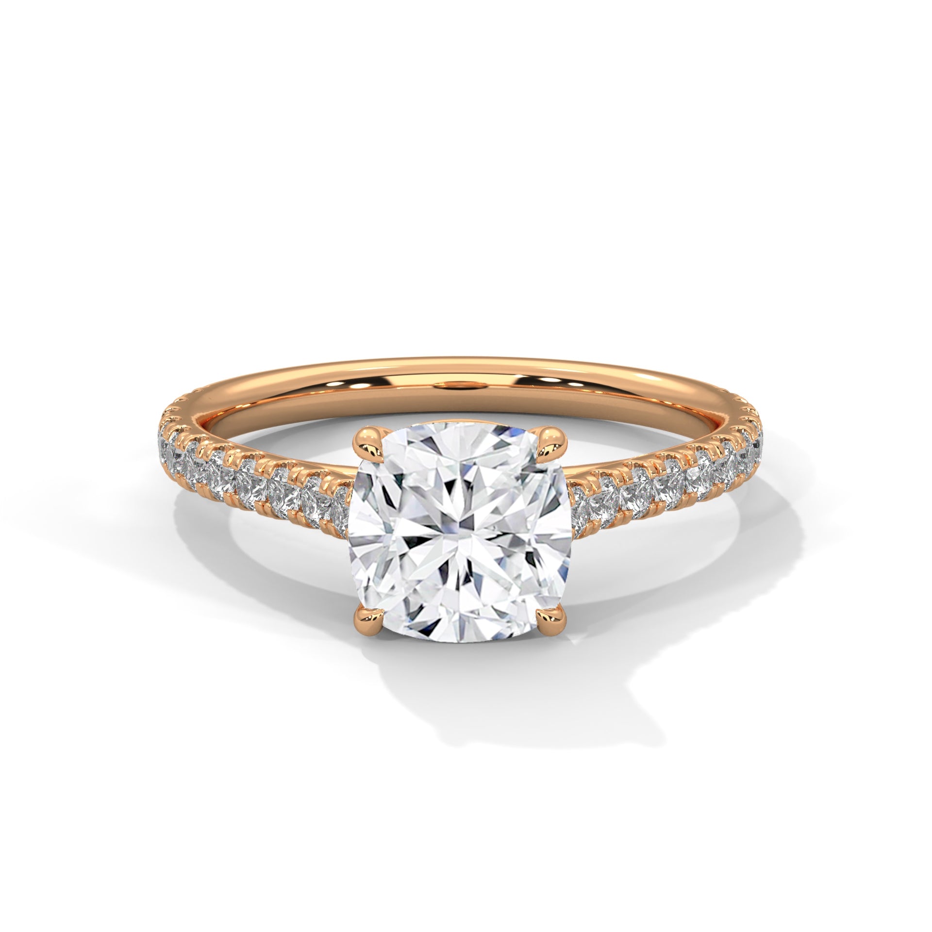 1–3 Carat Cushion Lab-Grown Diamond Solitaire Engagement Ring with Pave Band – 18K Gold