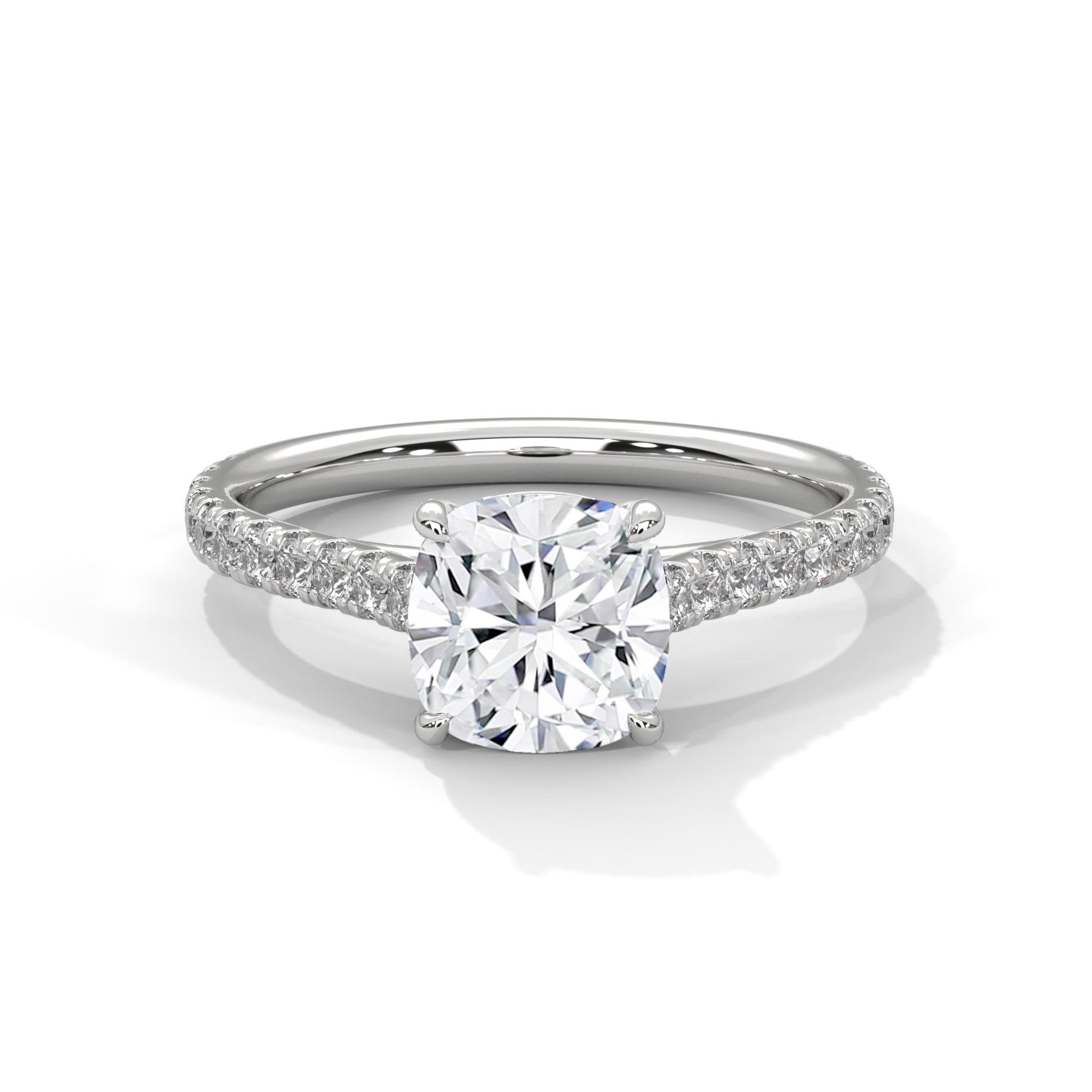 1–3 Carat Cushion Lab-Grown Diamond Solitaire Engagement Ring with Pave Band – 18K Gold