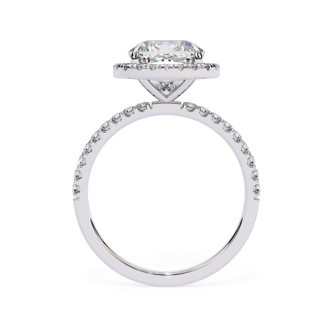 1–2 Carat Cushion Cut Lab Grown Solitaire Diamond Halo Engagement Ring in 18K Gold | Pavé Band
