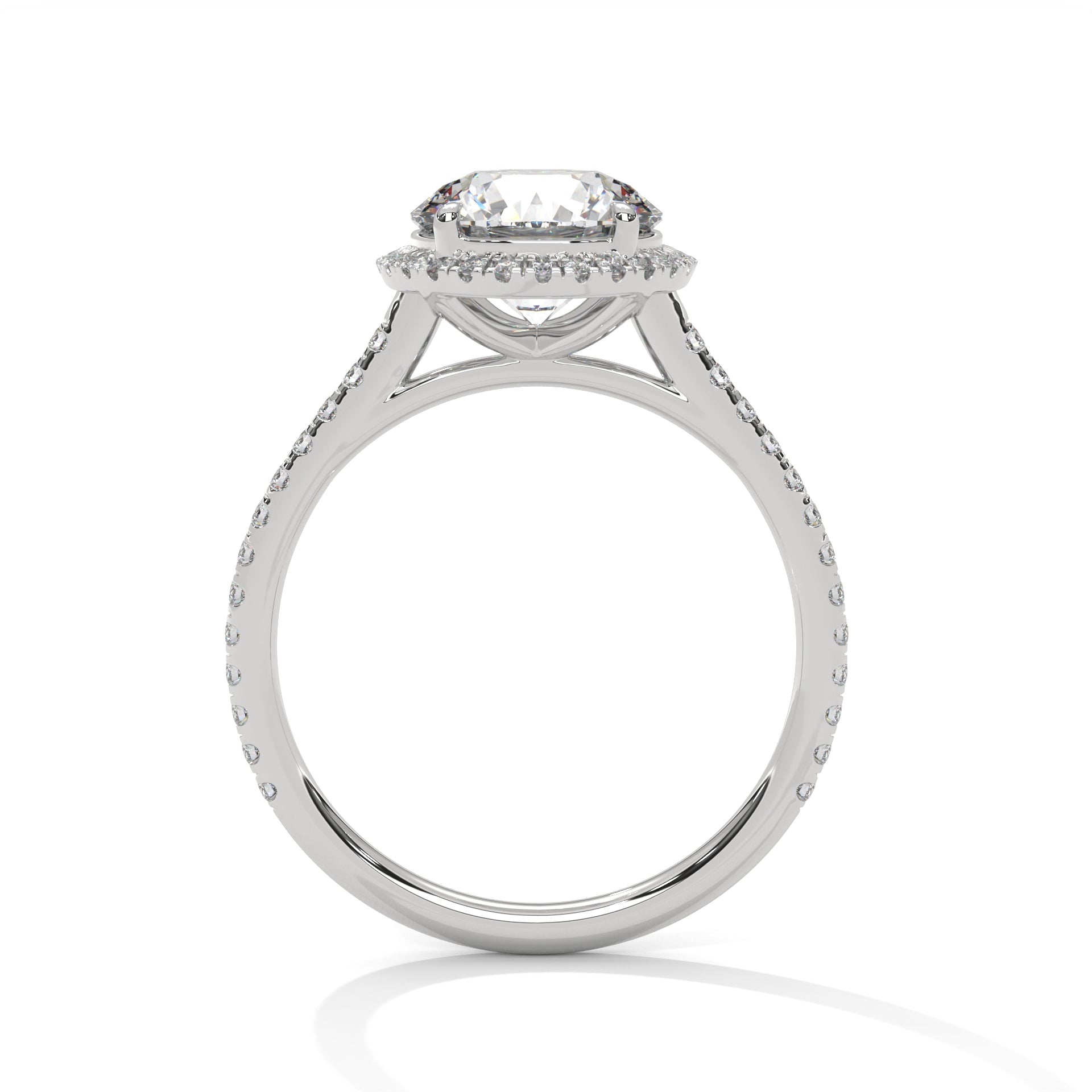 1–3 Carat Round Lab Grown Solitaire Diamond Halo Ring with Pavé Band – Four Prong Setting in 18K Gold