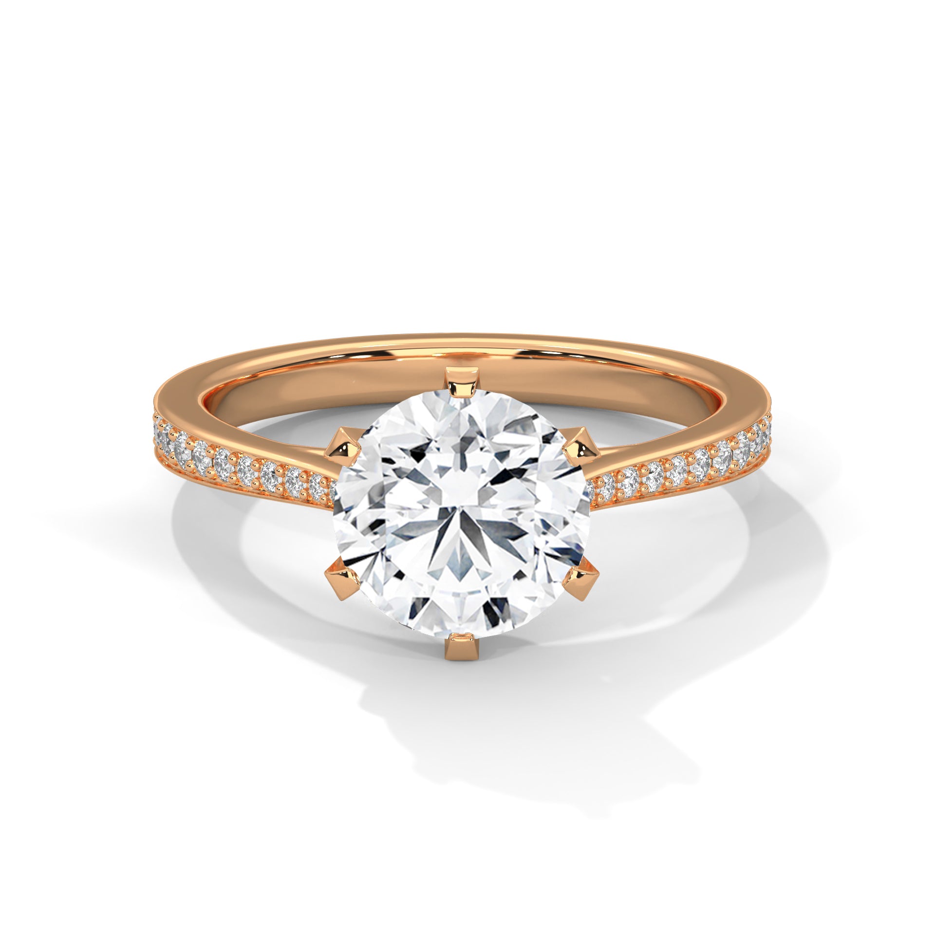 1–3 Carat Round Lab Grown Diamond Solitaire Ring with Pavé Diamond Band – Six Prong Setting in 18K White, Yellow or Rose Gold