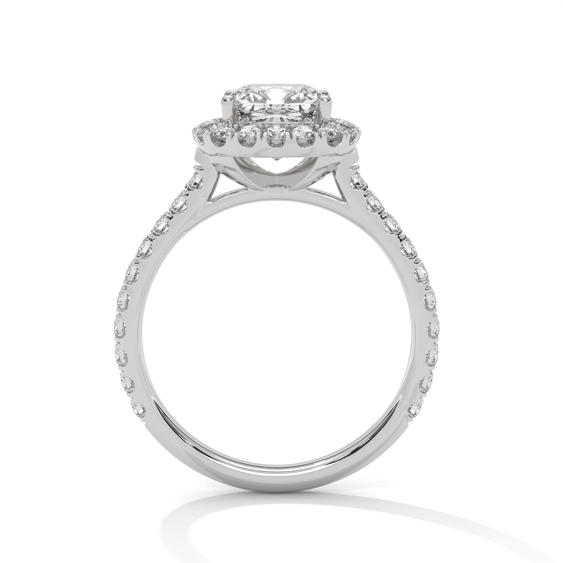 1–3 Carat Cushion Lab Grown Solitaire Diamond Halo Ring – Pavé Band, 18K