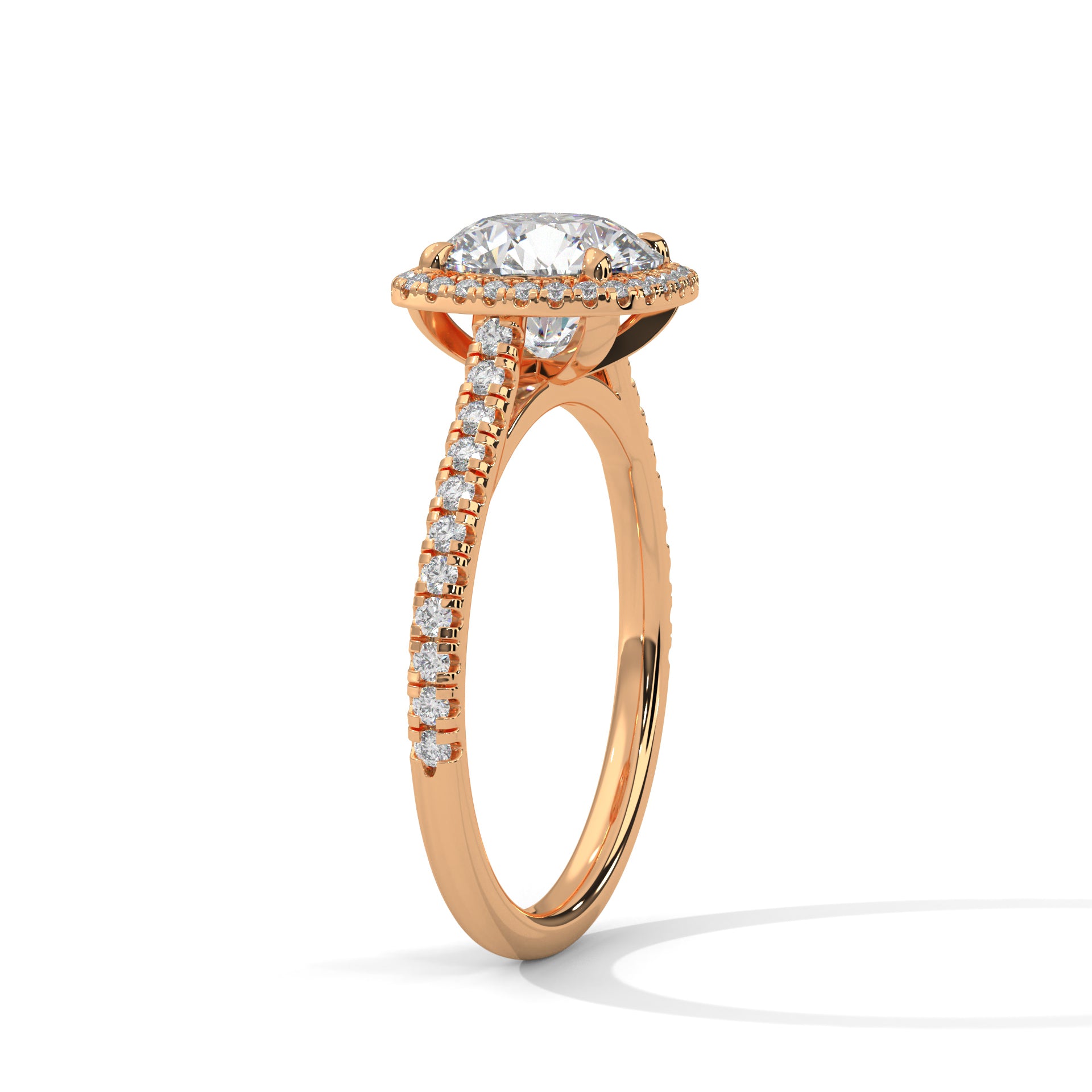 1–3 Carat Round Lab Grown Diamond Solitaire Halo Ring with Pavé Band – 18K White, Yellow or Rose Gold