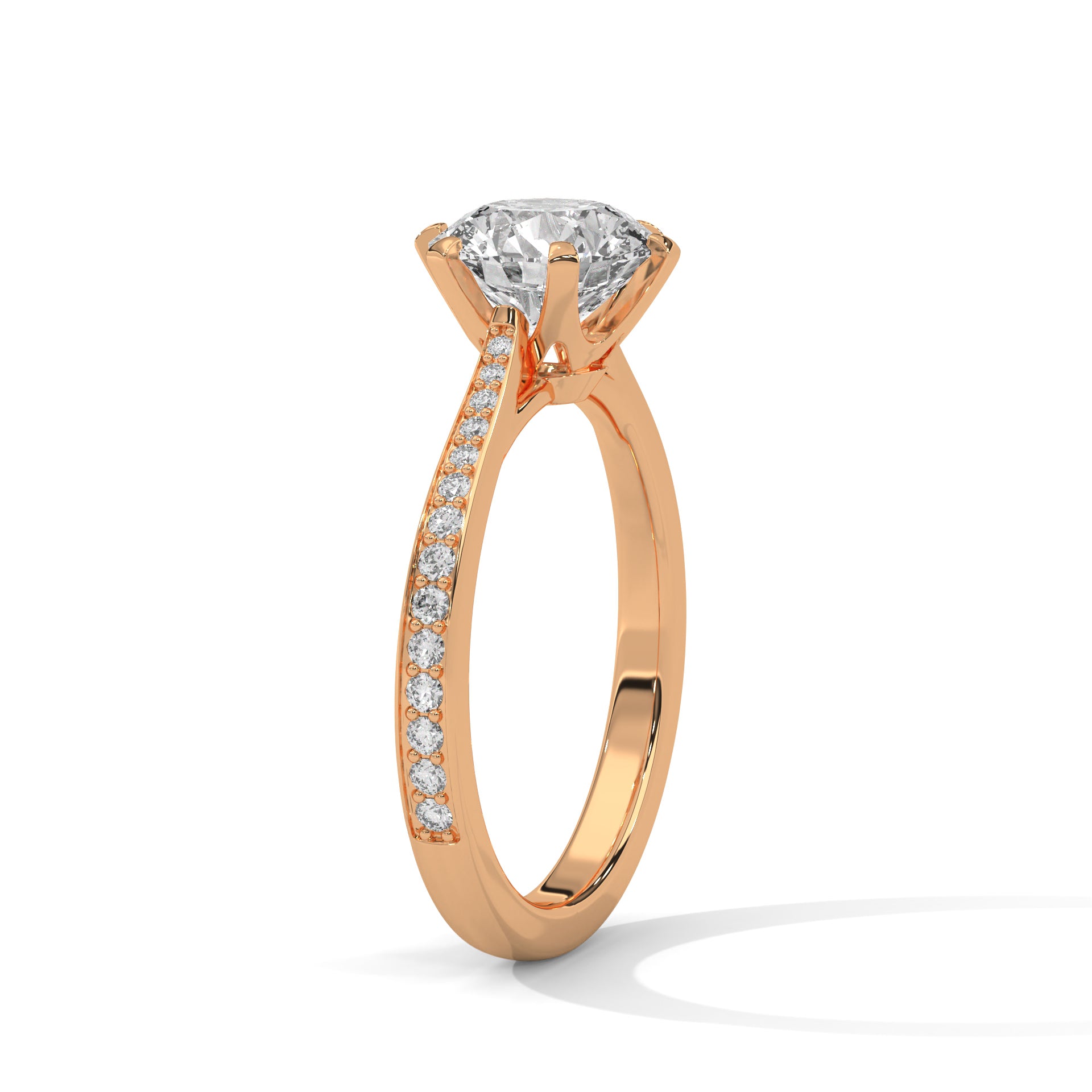1–3 Carat Round Lab Grown Diamond Solitaire Ring with Pavé Diamond Band – Six Prong Setting in 18K White, Yellow or Rose Gold
