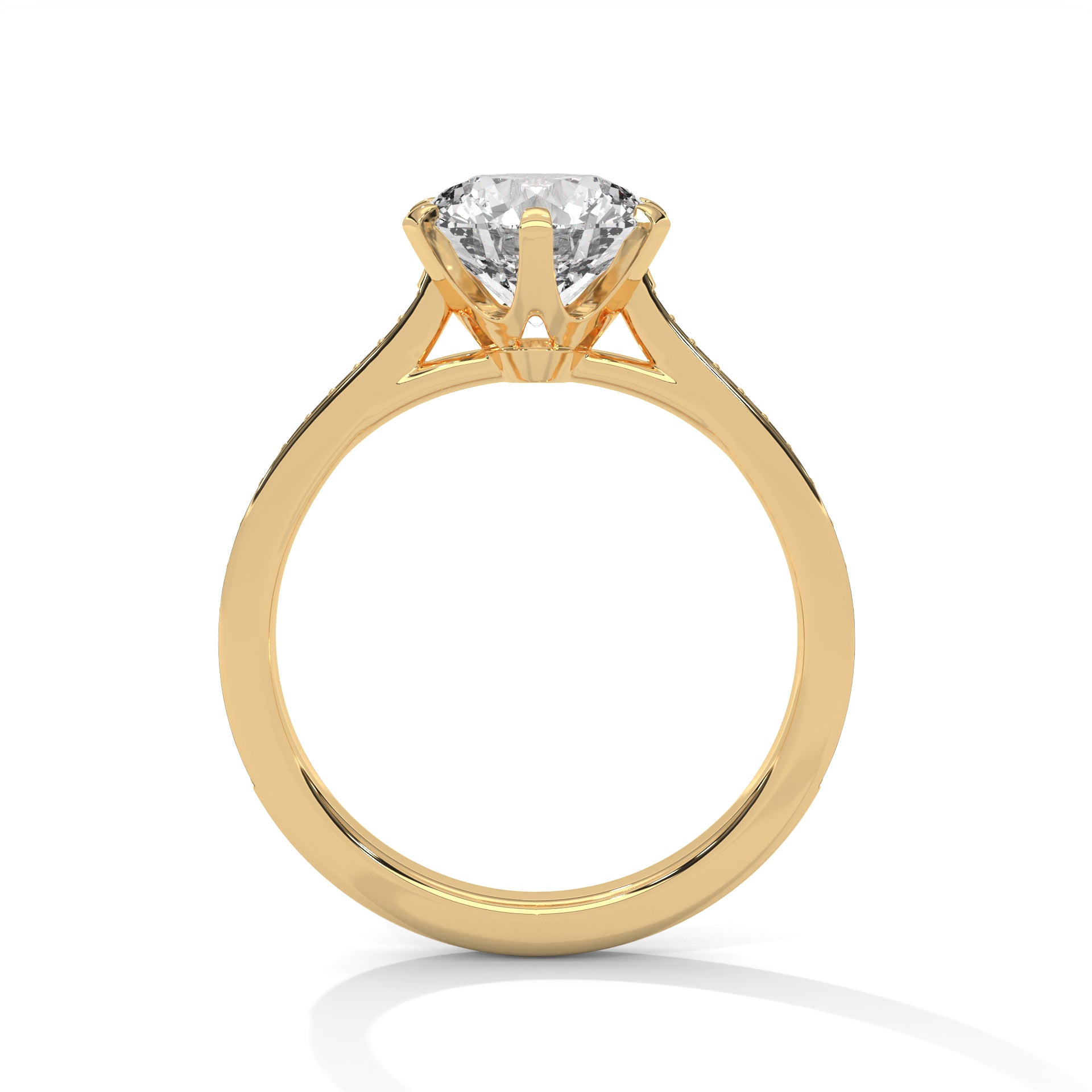1–3 Carat Round Lab Grown Diamond Solitaire Ring with Pavé Diamond Band – Six Prong Setting in 18K White, Yellow or Rose Gold