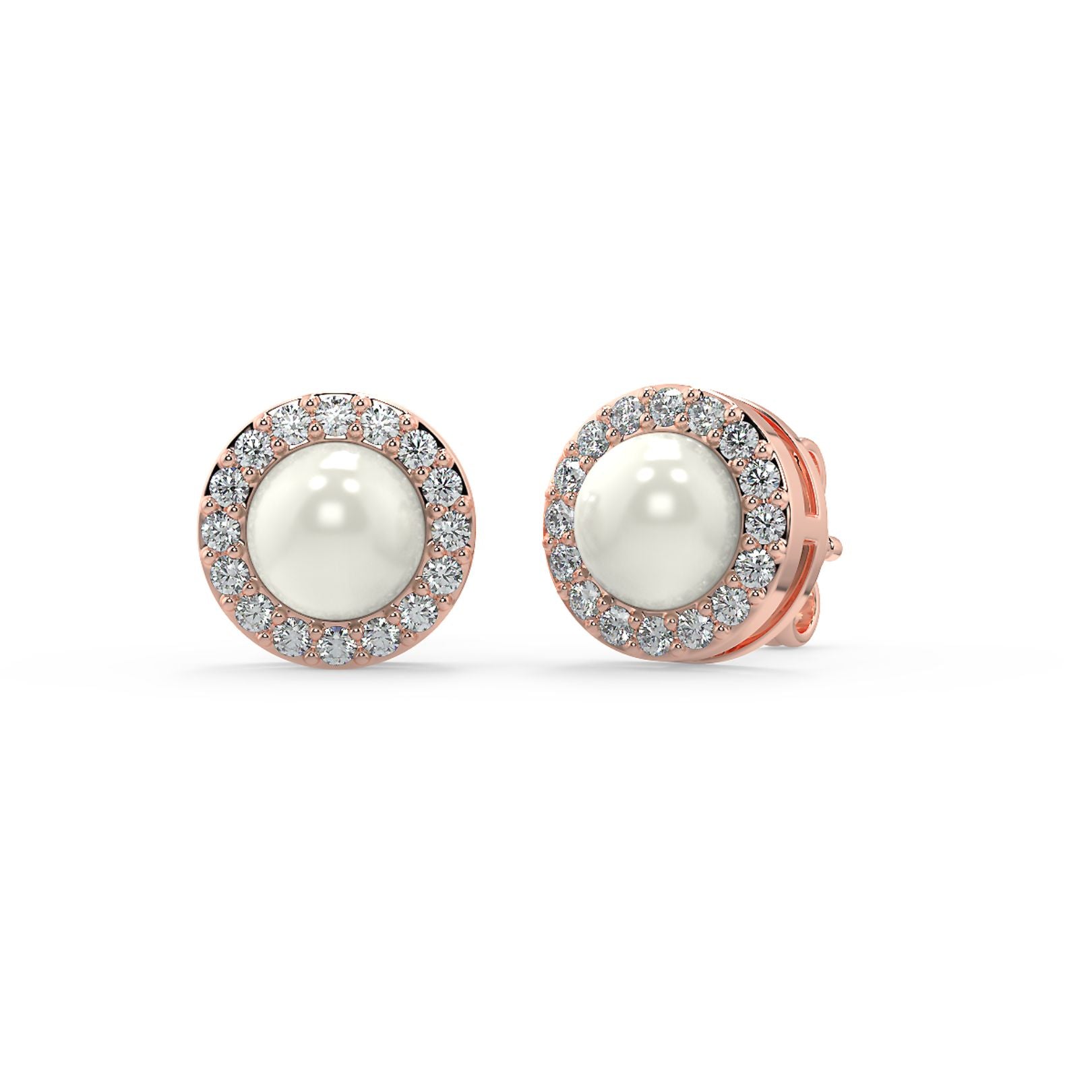 5mm Pearl & Lab-Grown Diamond Halo Stud Earrings in 18K White, Yellow & Rose Gold