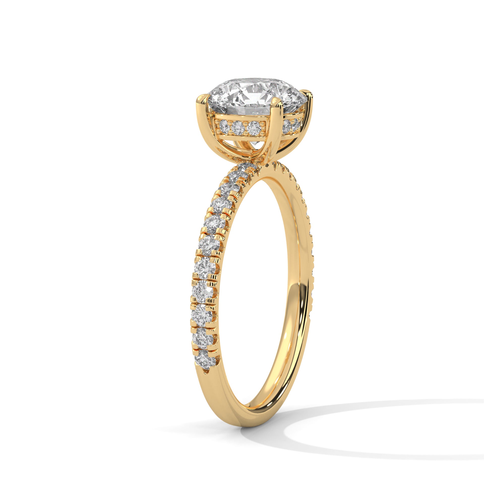 1–3 Carat Round Lab Grown Diamond Solitaire Ring with Hidden Halo & Pavé Band – Four Prong Setting in 18K Gold