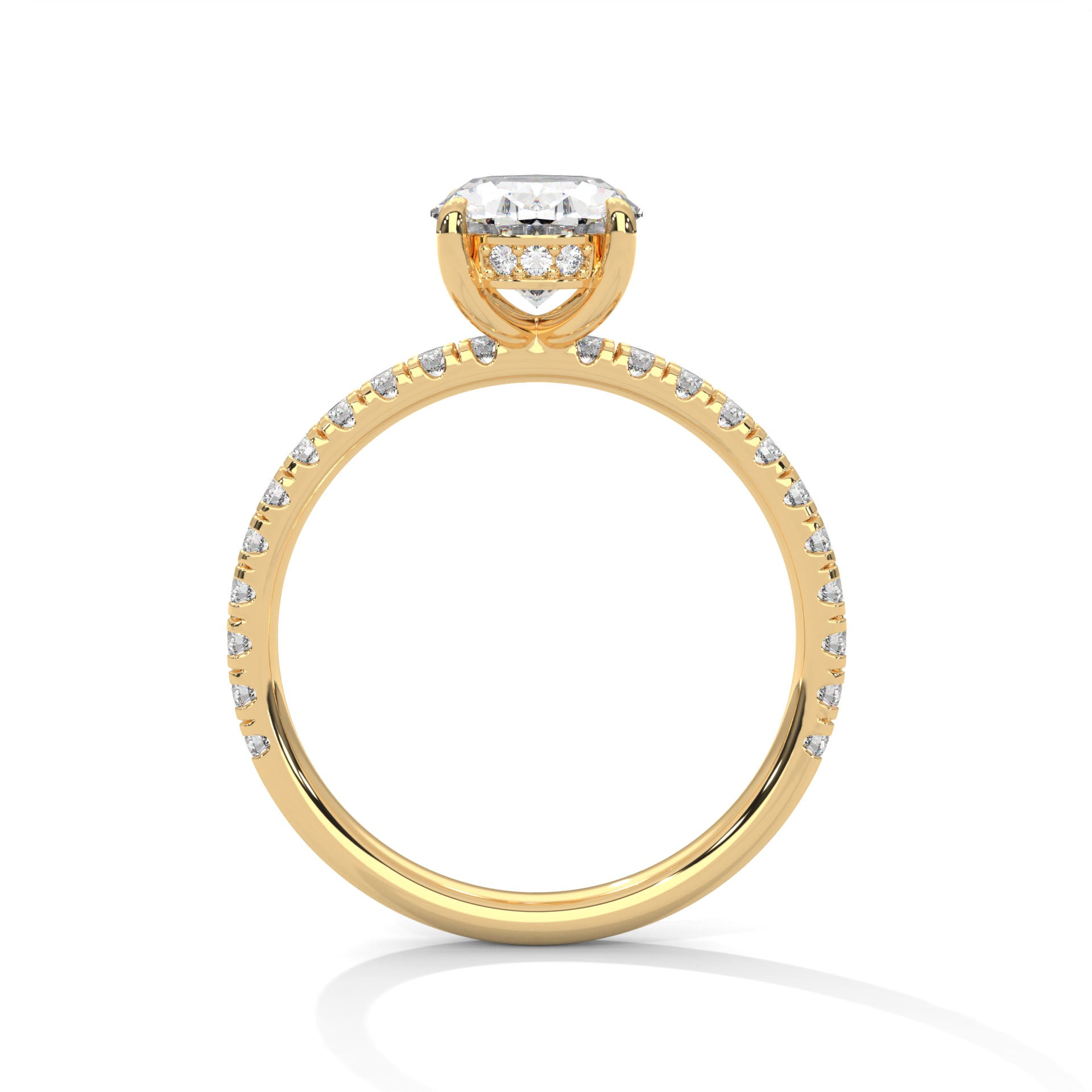 1–3 Carat Oval Lab Grown Diamond Solitaire Ring with Hidden Halo & Pavé Band – Four Prong Setting in 18K Gold