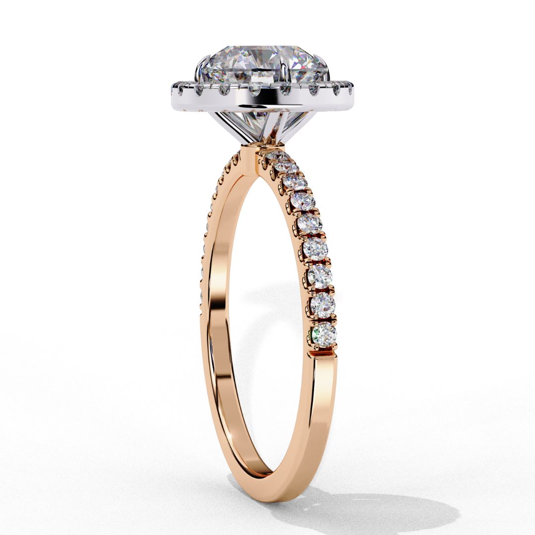 1–2 Carat Round Lab Grown Solitaire Diamond Halo Ring in 18K Gold | Pavé Band Engagement Ring