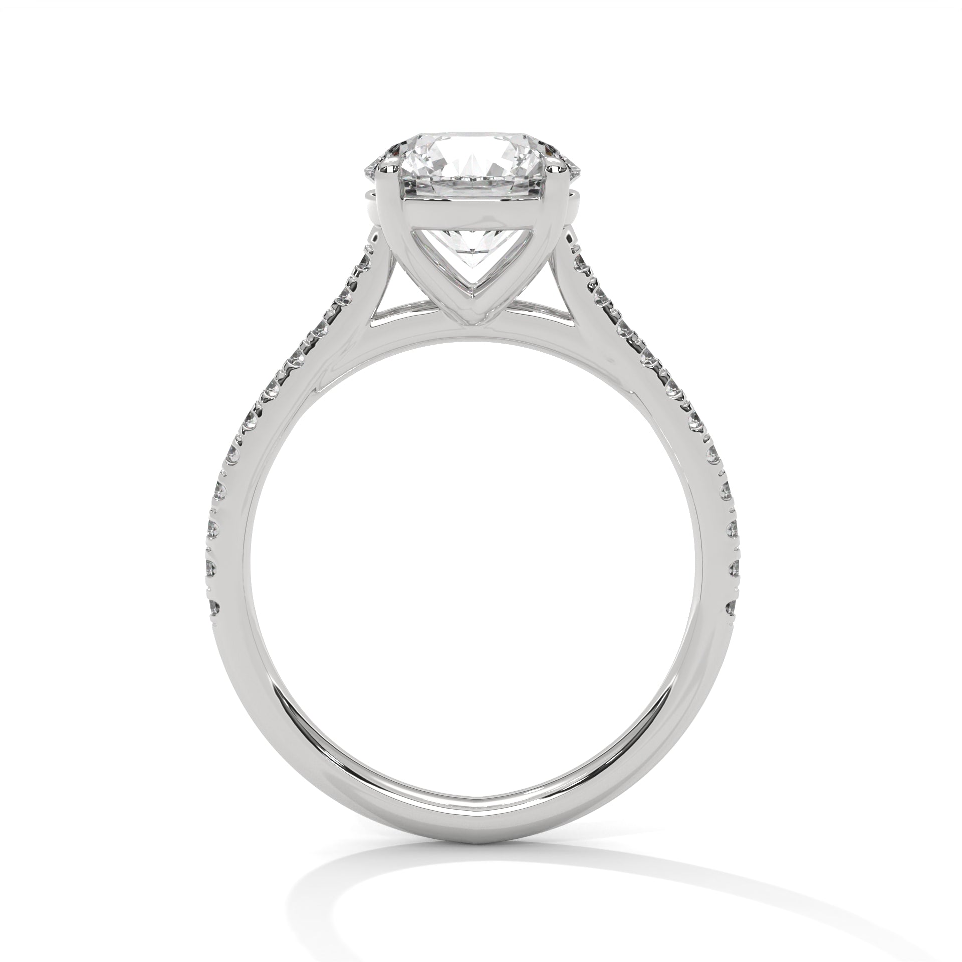 1–3 Carat Round Brilliant Lab Grown Diamond Solitaire Ring with Pavé Band – Four-Prong Setting, 18K Gold