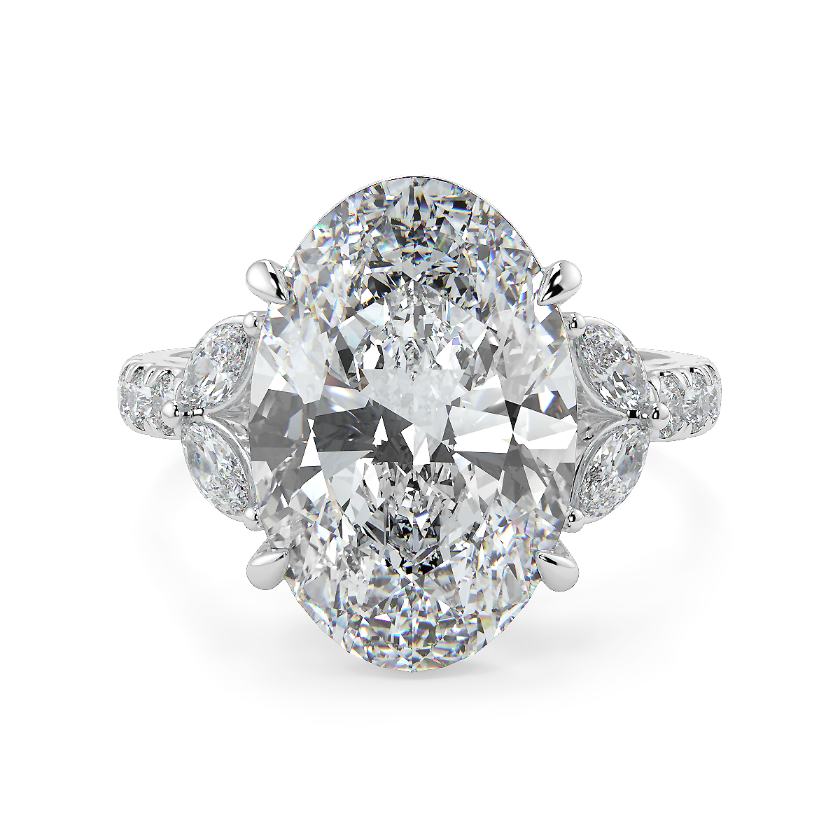 3-5 Carat Oval Lab-Grown Diamond Solitaire Ring with Marquise & Round Side Stones