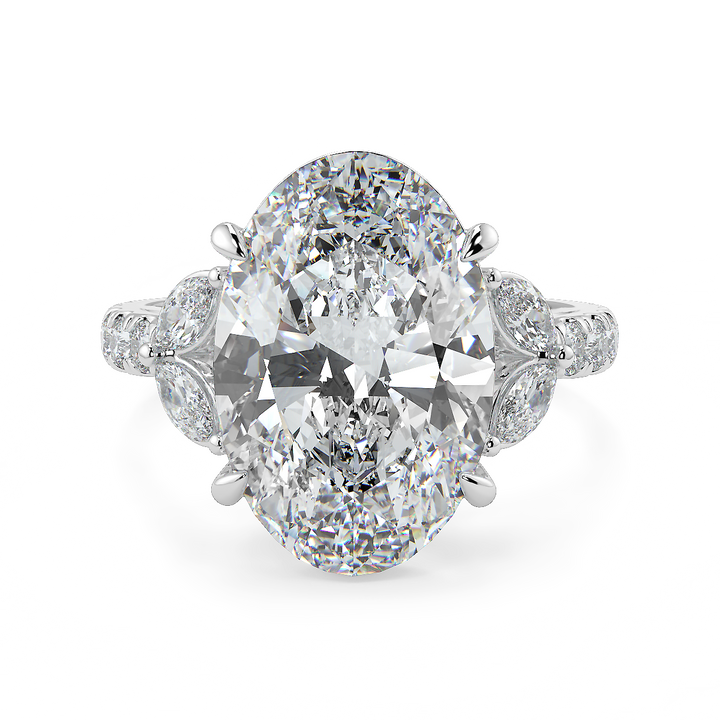 3-5 Carat Oval Lab-Grown Diamond Ring with Marquise & Round Side Stones
