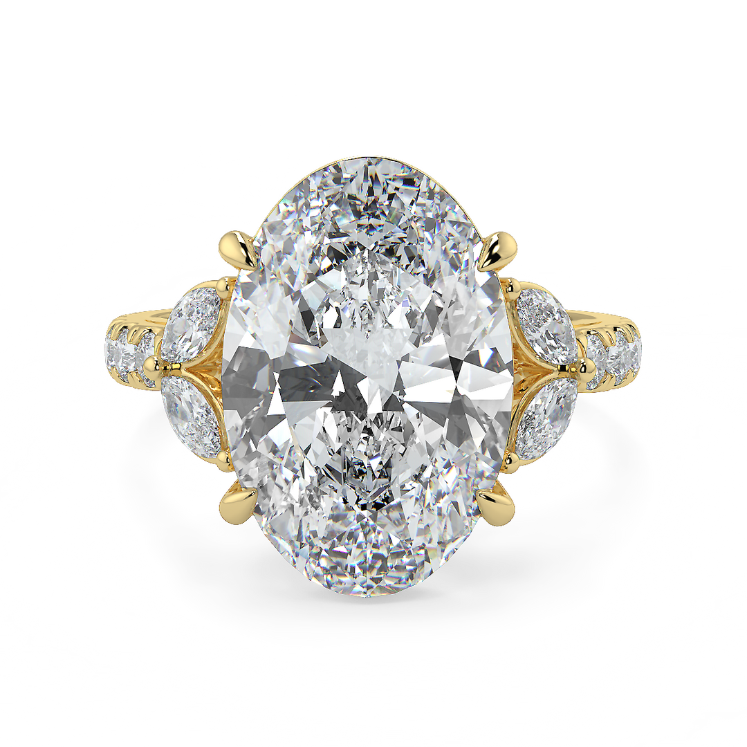 3-5 Carat Oval Lab-Grown Diamond Ring with Marquise & Round Side Stones