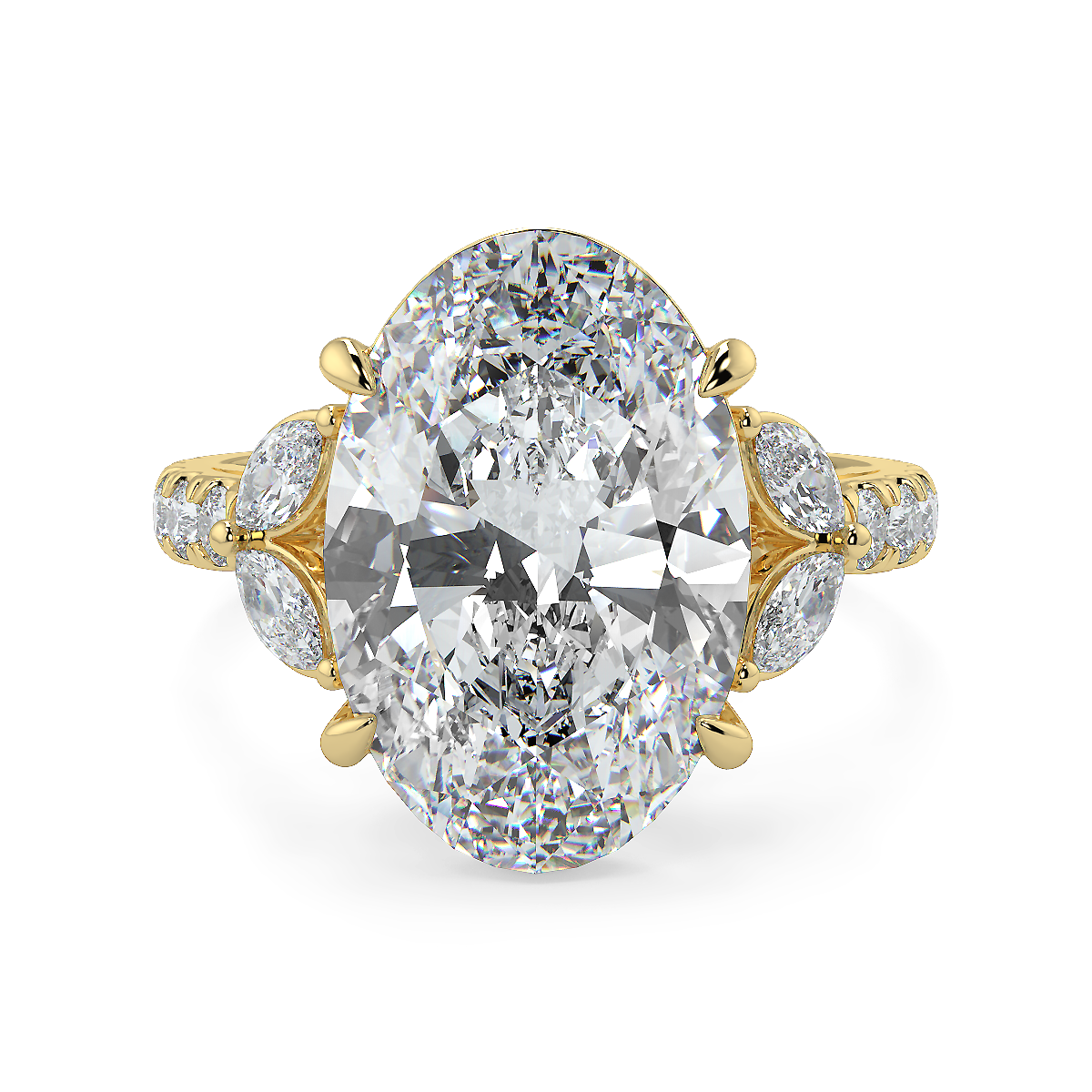 3-5 Carat Oval Lab-Grown Diamond Solitaire Ring with Marquise & Round Side Stones