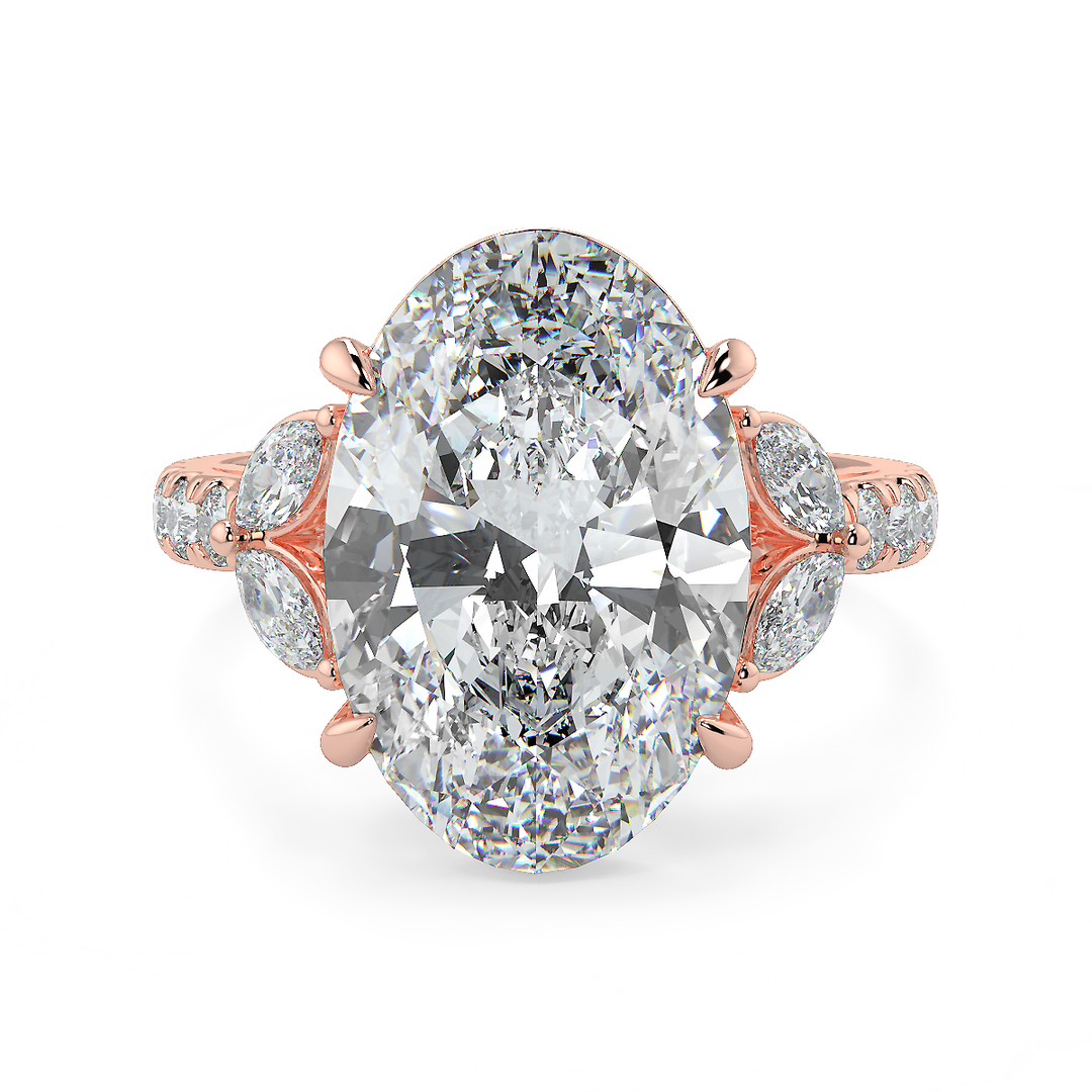 3-5 Carat Oval Lab-Grown Diamond Ring with Marquise & Round Side Stones