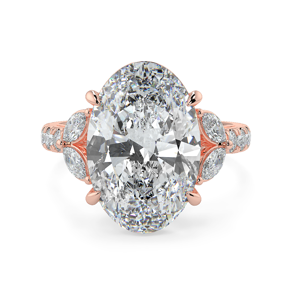 3-5 Carat Oval Lab-Grown Diamond Solitaire Ring with Marquise & Round Side Stones