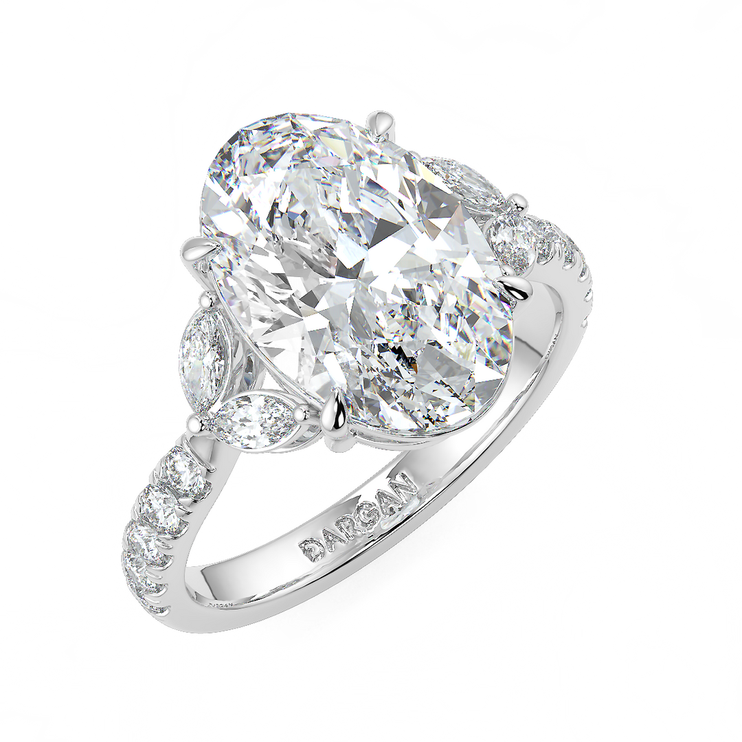 3-5 Carat Oval Lab-Grown Diamond Ring with Marquise & Round Side Stones