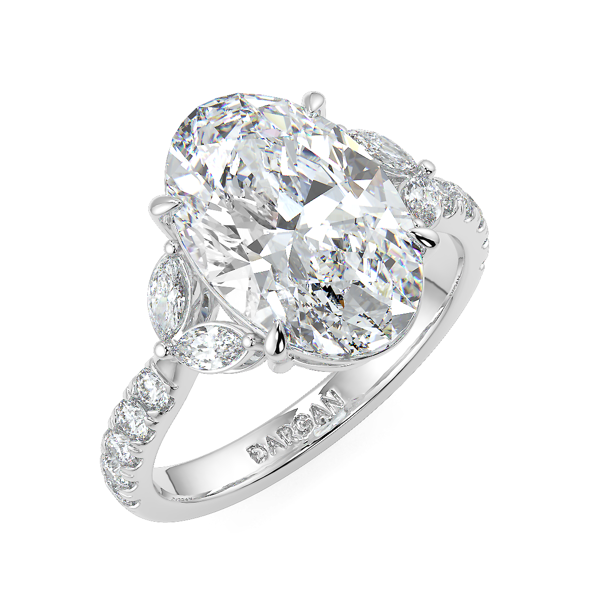 3-5 Carat Oval Lab-Grown Diamond Solitaire Ring with Marquise & Round Side Stones