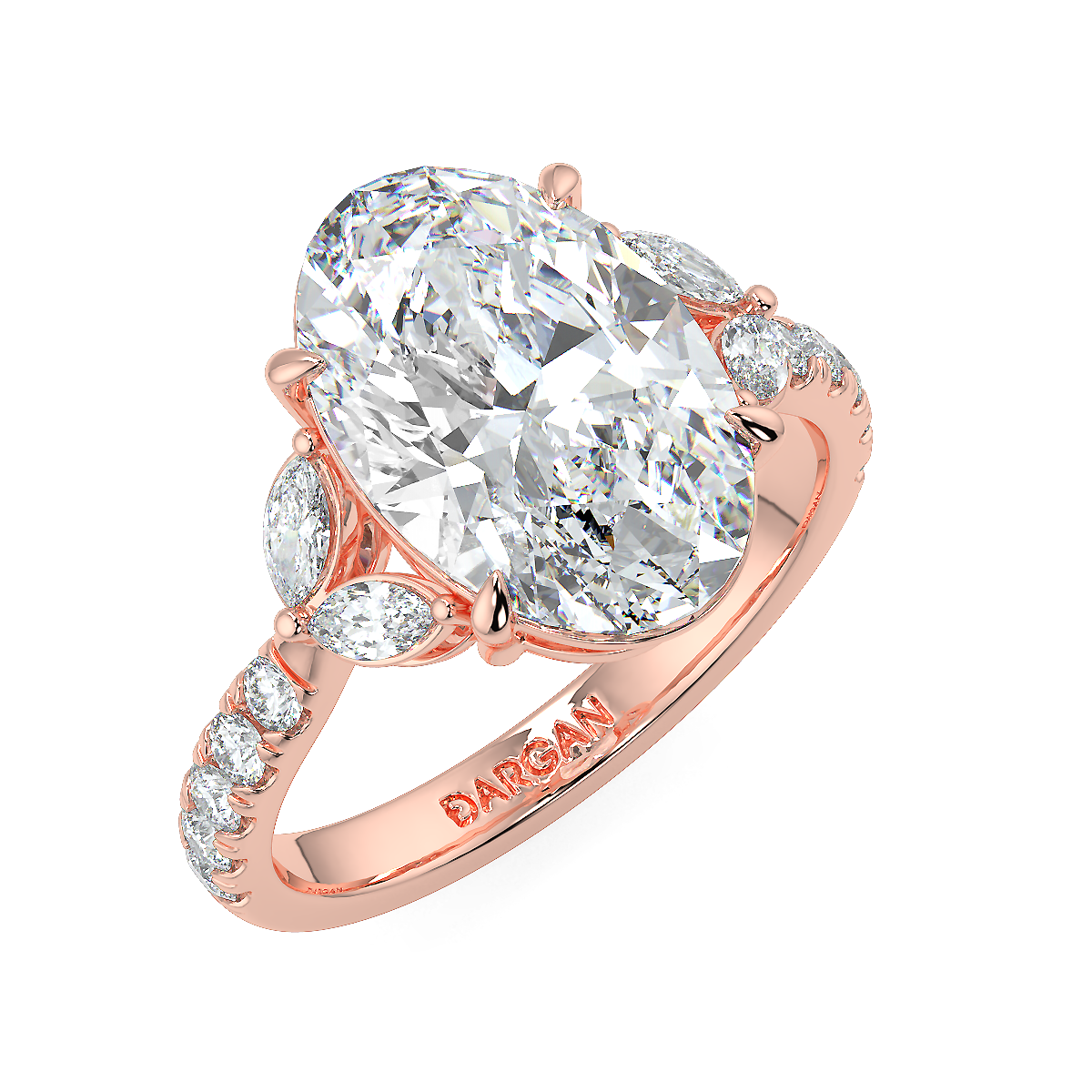 3-5 Carat Oval Lab-Grown Diamond Solitaire Ring with Marquise & Round Side Stones
