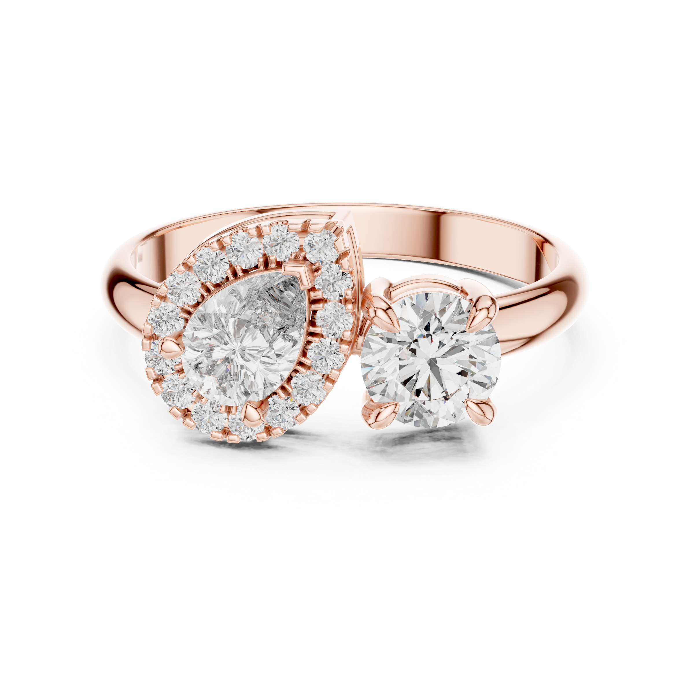 Toi et Moi Engagement Ring with Pear Solitaire and Round Halo Lab-Grown Diamonds (0.50 Carat Each) in 18K Gold