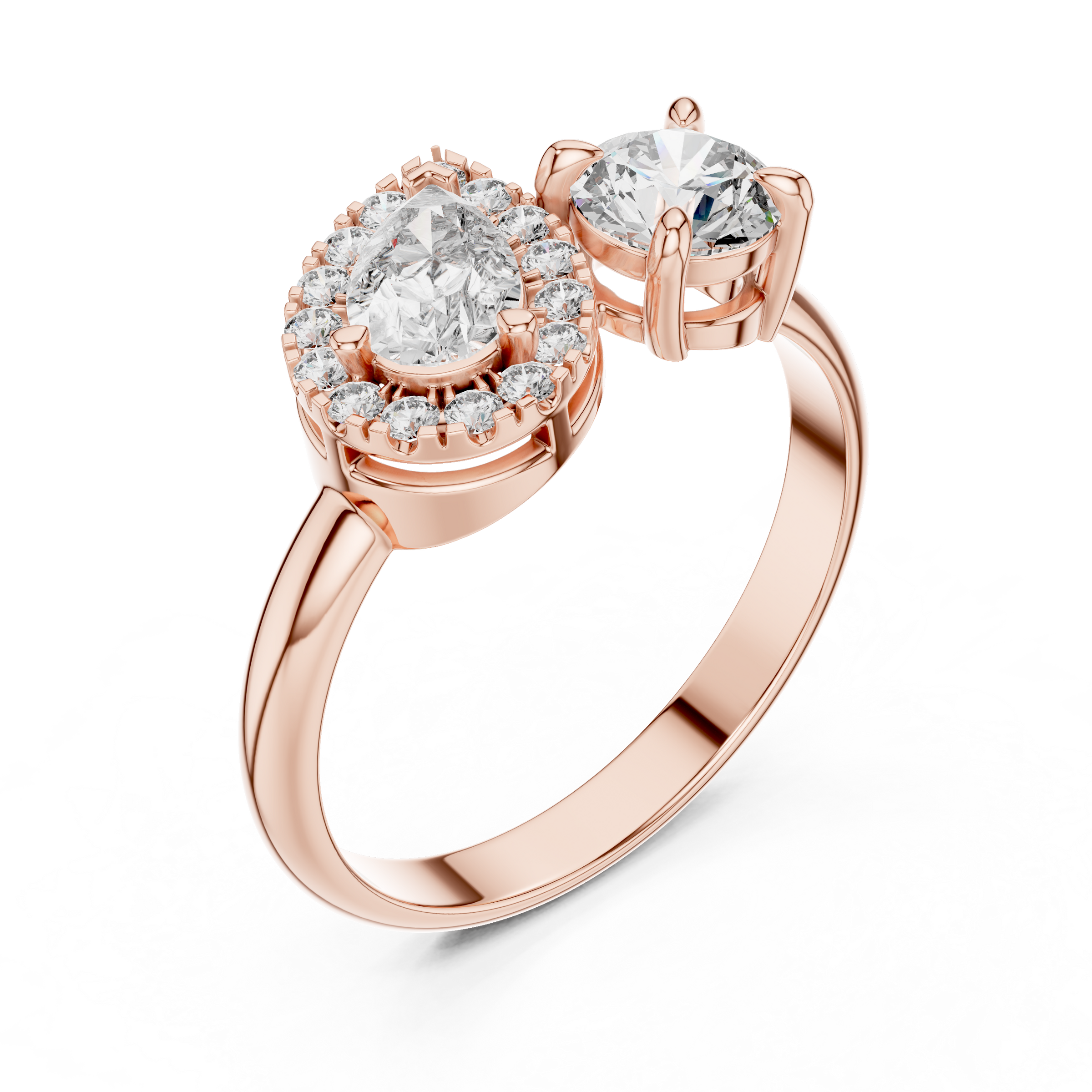 Toi et Moi Engagement Ring with Pear Solitaire and Round Halo Lab-Grown Diamonds (0.50 Carat Each) in 18K Gold