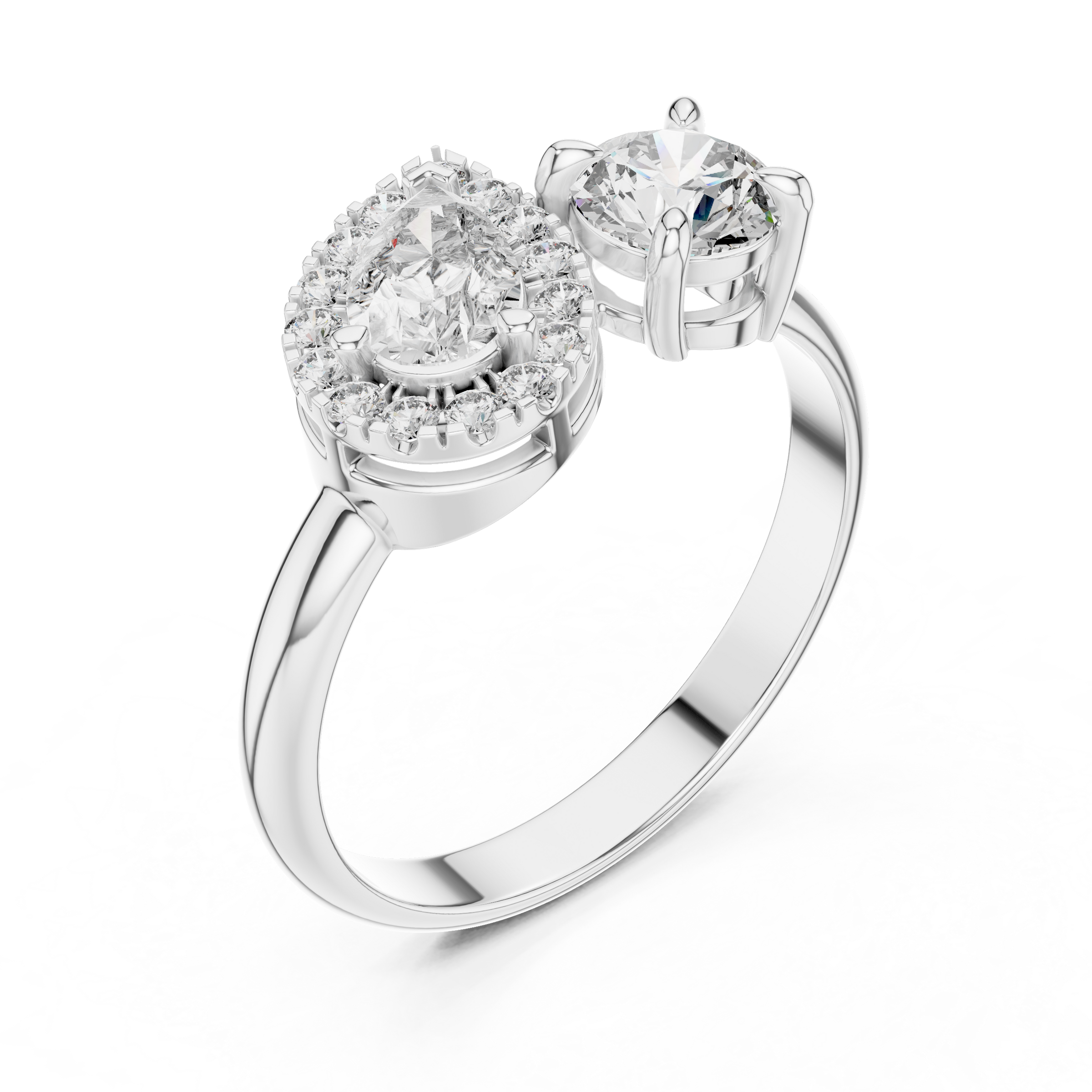 Toi et Moi Engagement Ring with Pear Solitaire and Round Halo Lab-Grown Diamonds (0.50 Carat Each) in 18K Gold
