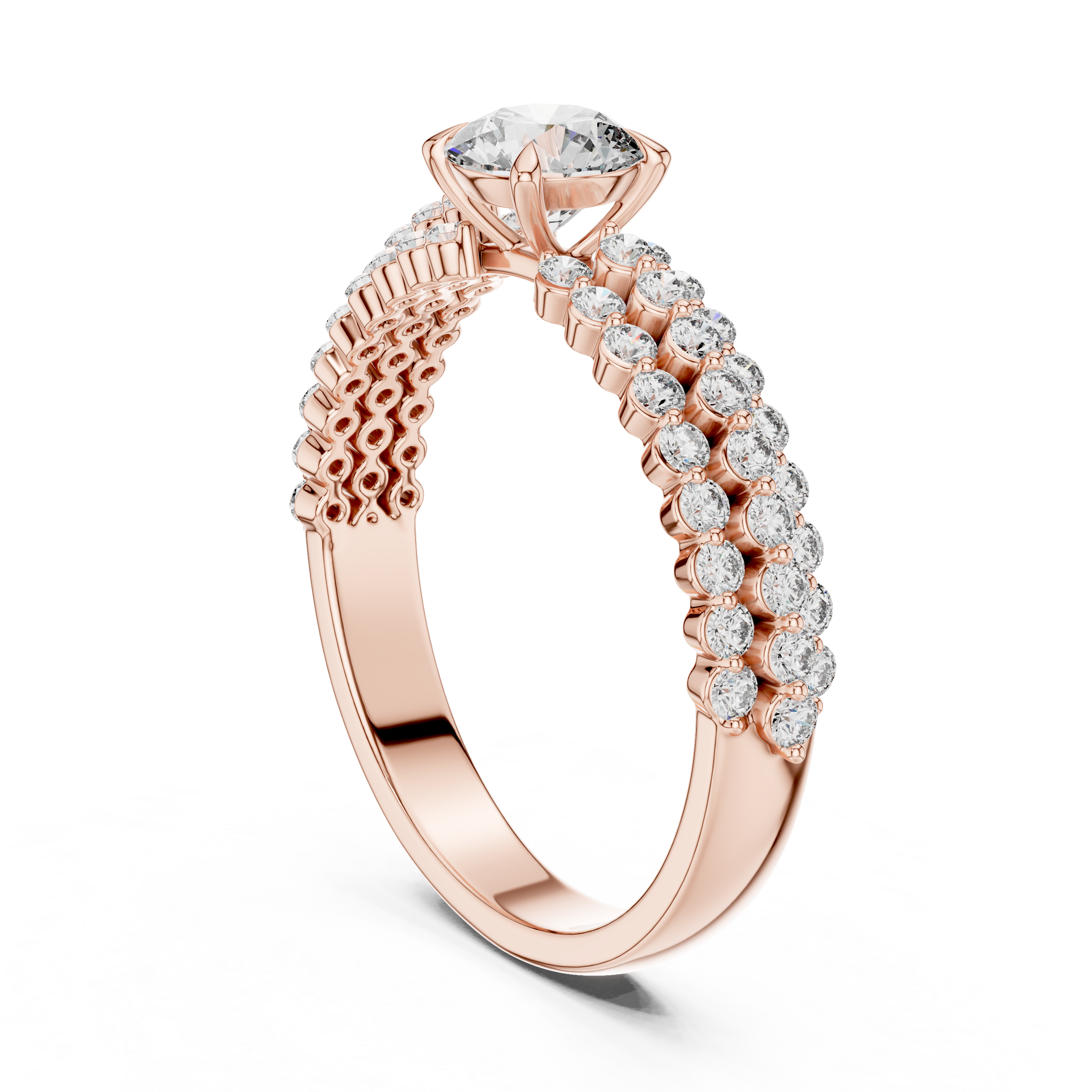 0.50 Carat Round Cut Lab-Grown Diamond Solitaire Engagement Ring with Double Pave Band in 18K Gold