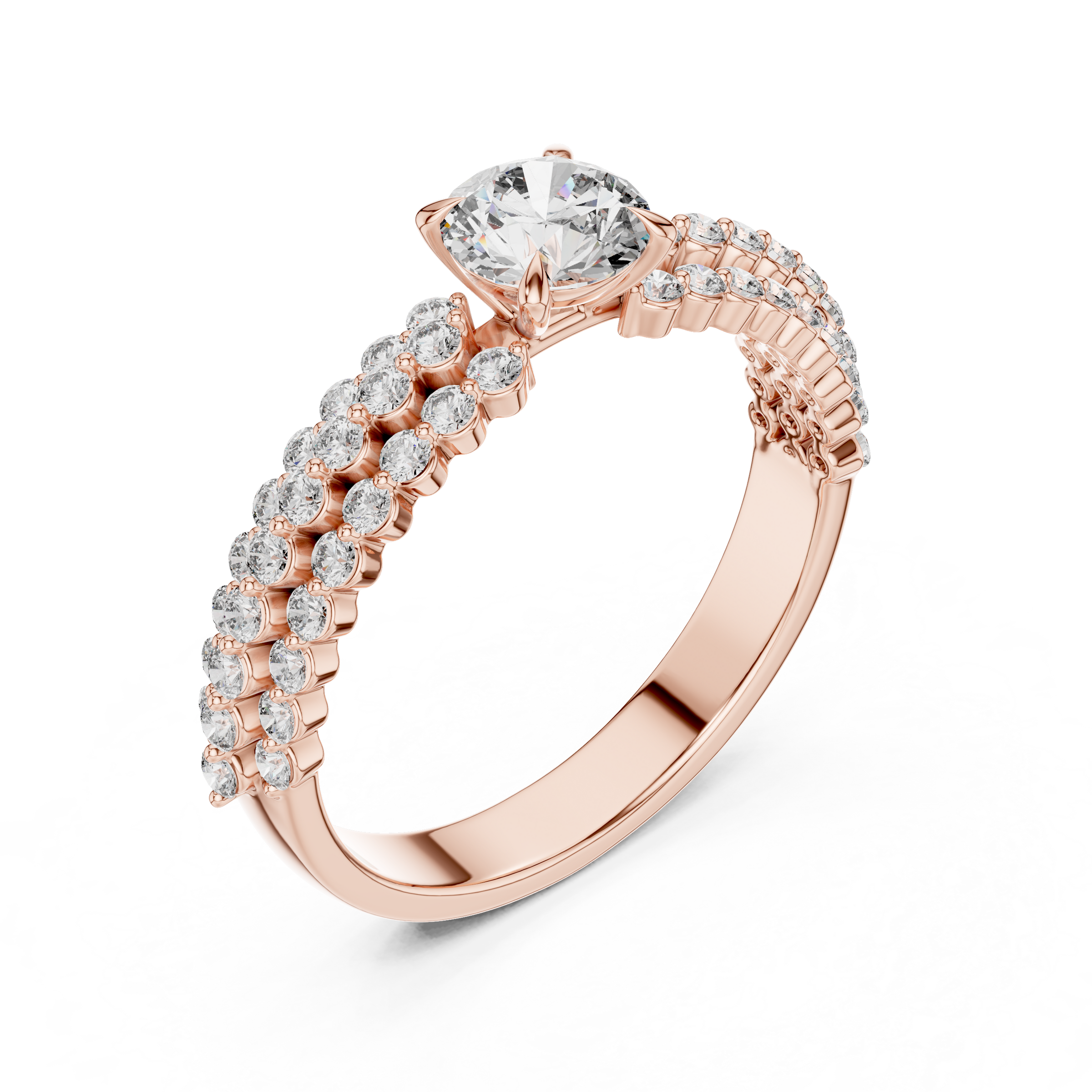 0.50 Carat Round Cut Lab-Grown Diamond Solitaire Engagement Ring with Double Pave Band in 18K Gold