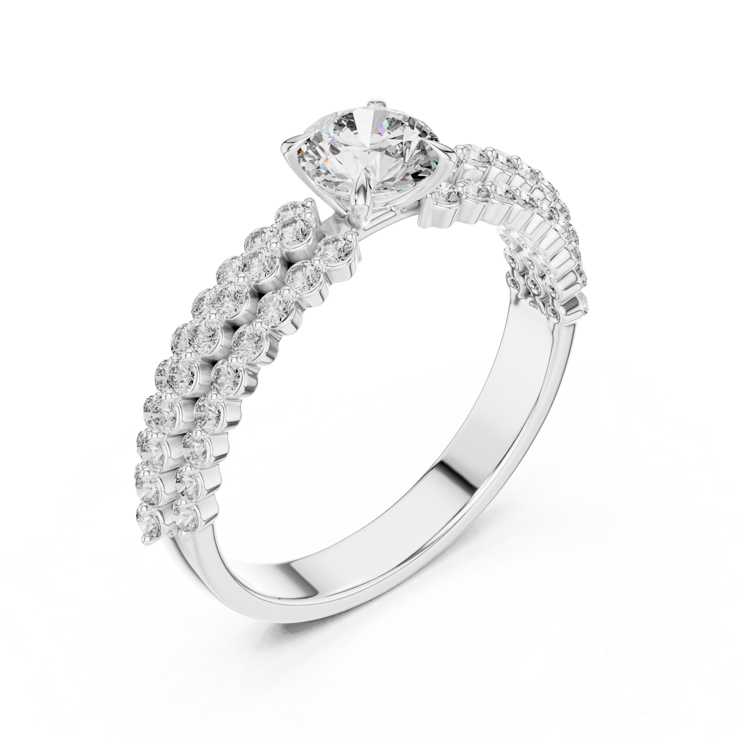 0.50 Carat Round Cut Lab-Grown Diamond Solitaire Engagement Ring with Double Pave Band in 18K Gold