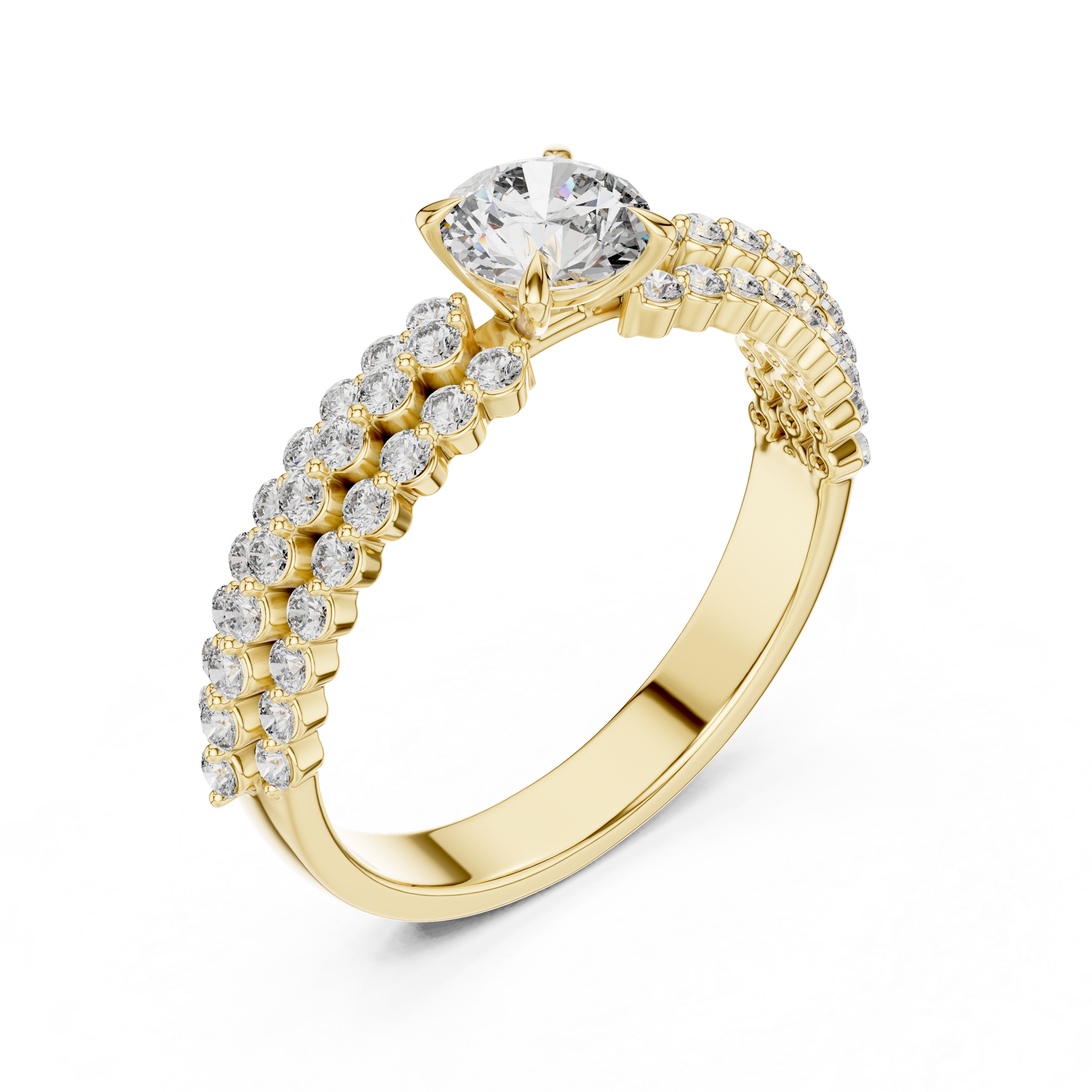 0.50 Carat Round Cut Lab-Grown Diamond Solitaire Engagement Ring with Double Pave Band in 18K Gold