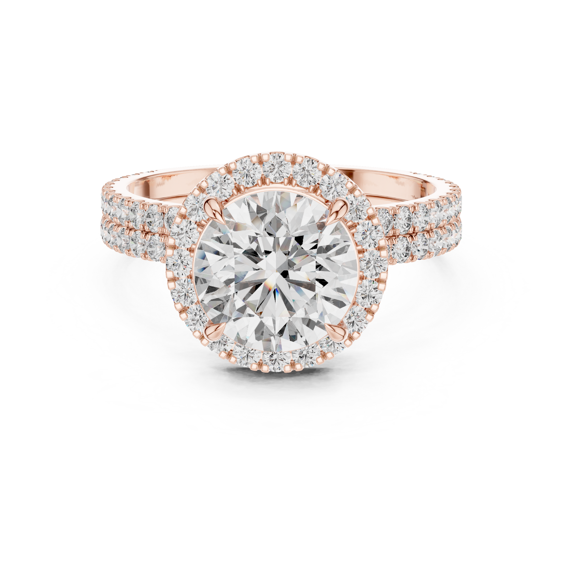 1–3 Carat Round Cut Lab-Grown Diamond Solitaire Engagement Ring with Halo & Double Pave Band in 18K Gold