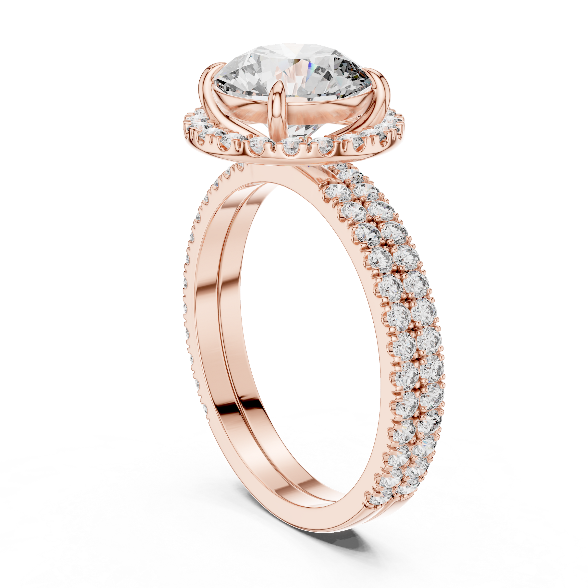 1–3 Carat Round Cut Lab-Grown Diamond Solitaire Engagement Ring with Halo & Double Pave Band in 18K Gold