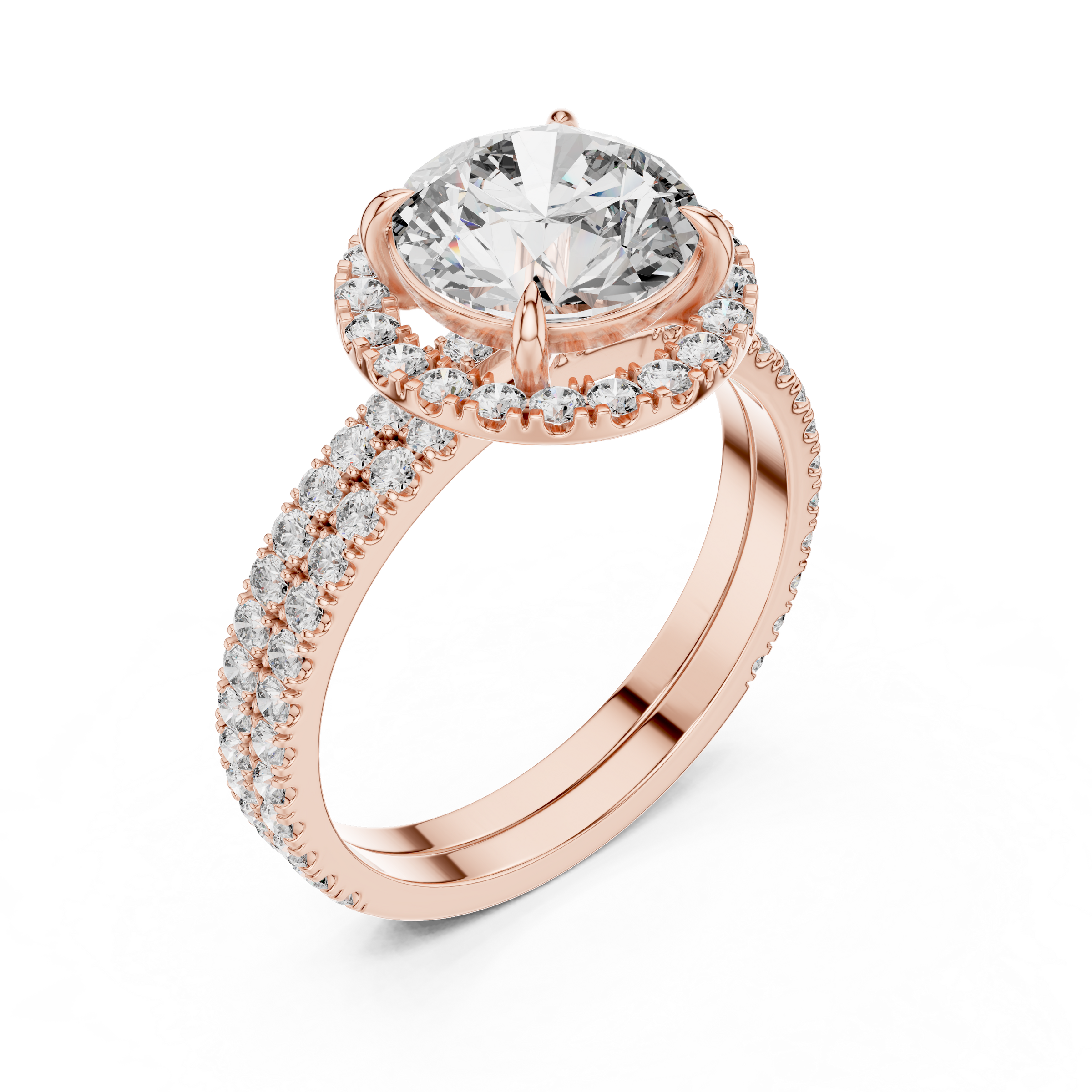 1–3 Carat Round Cut Lab-Grown Diamond Solitaire Engagement Ring with Halo & Double Pave Band in 18K Gold